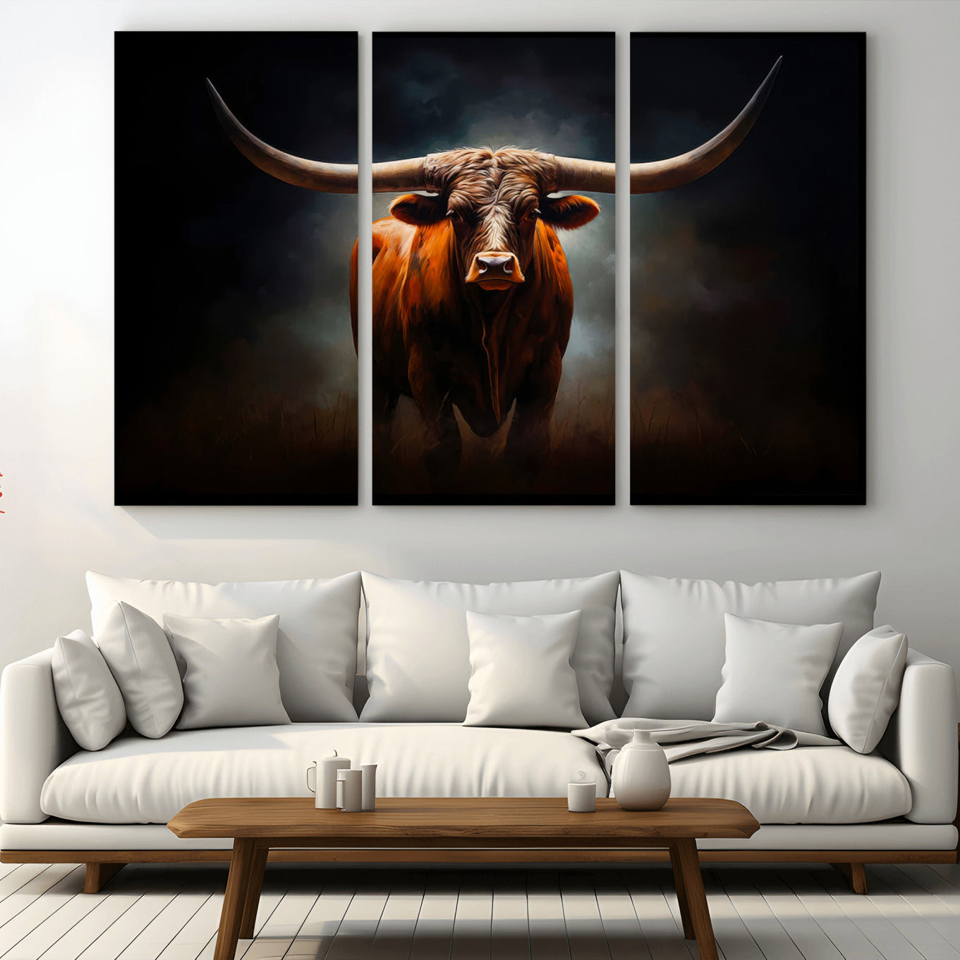 -Abstract Texas Longhorn Wall Art Print | 3-Panel Large Texas Longhorn Canvas Print for Living Room,