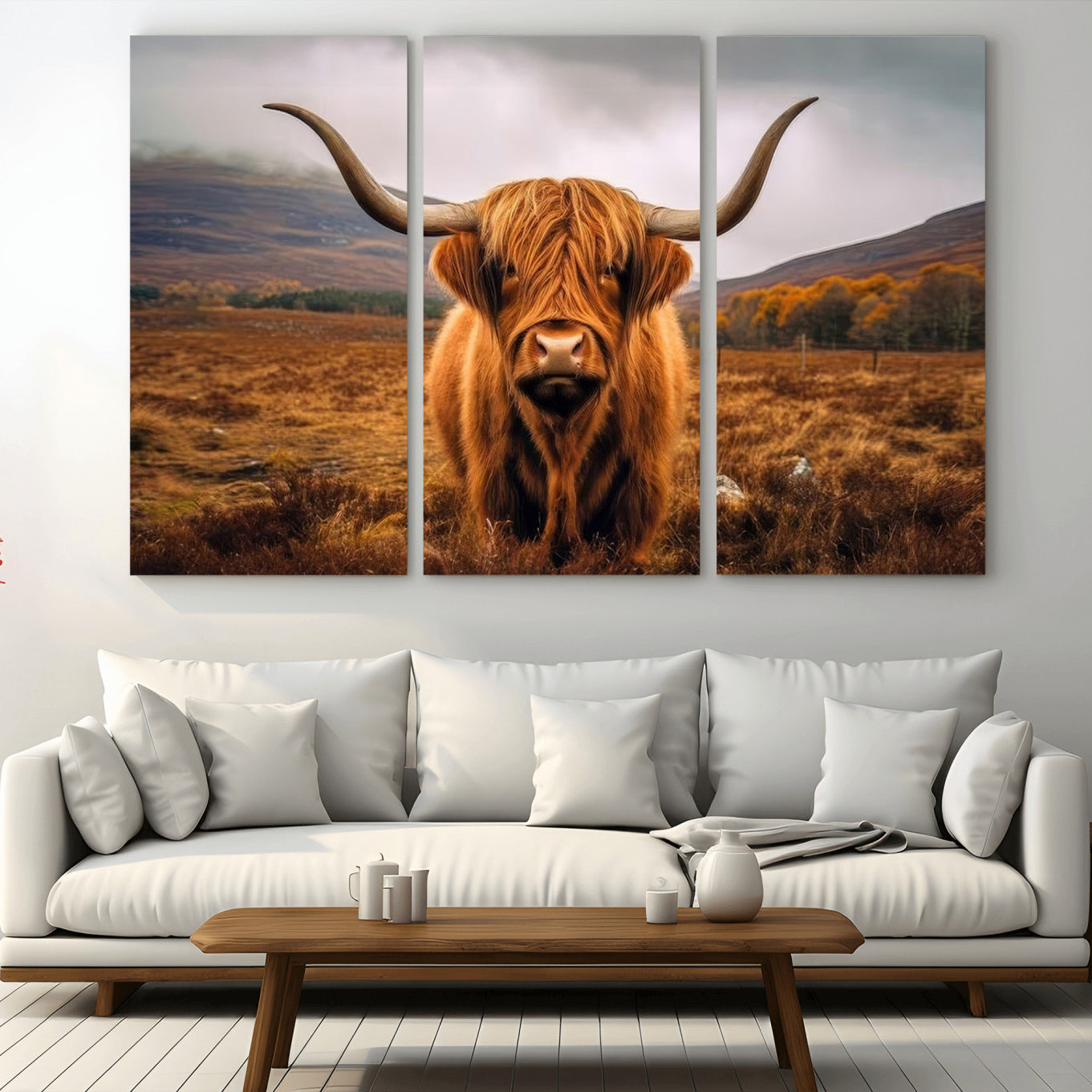 -Highland Cow Longhorn Wall Art – Rustic Canvas Print, Framed and Ready to Hang for Farmhouse Décor