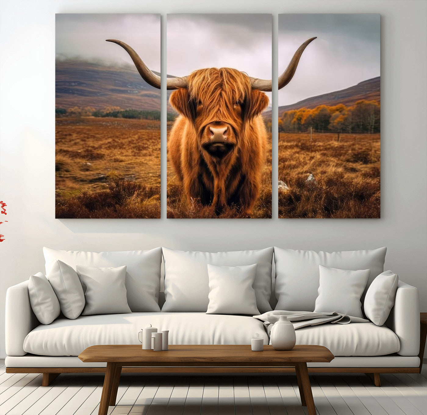 -Highland Cow Longhorn Wall Art – Rustic Canvas Print, Framed and Ready to Hang for Farmhouse Décor