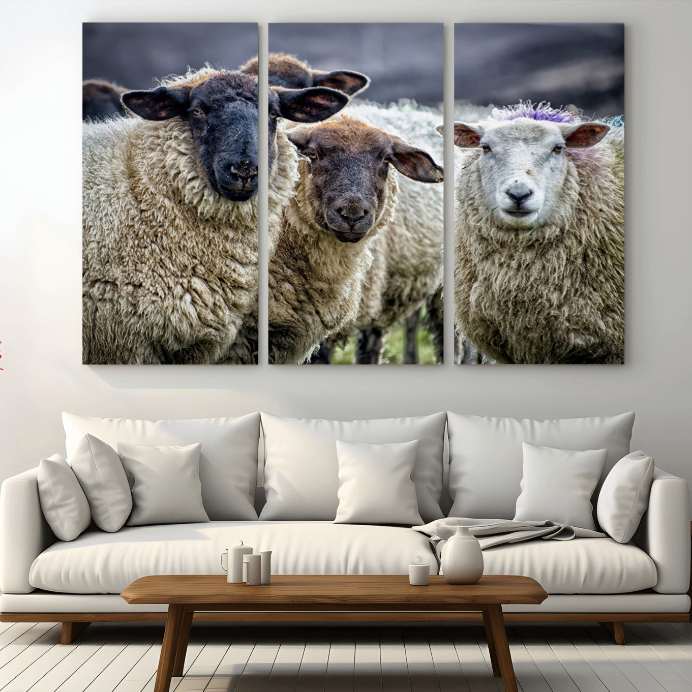 -Charming Sheep Portrait Wall Art – Trio of Woolly Companions Canvas Print, Framed, Ready to Hang