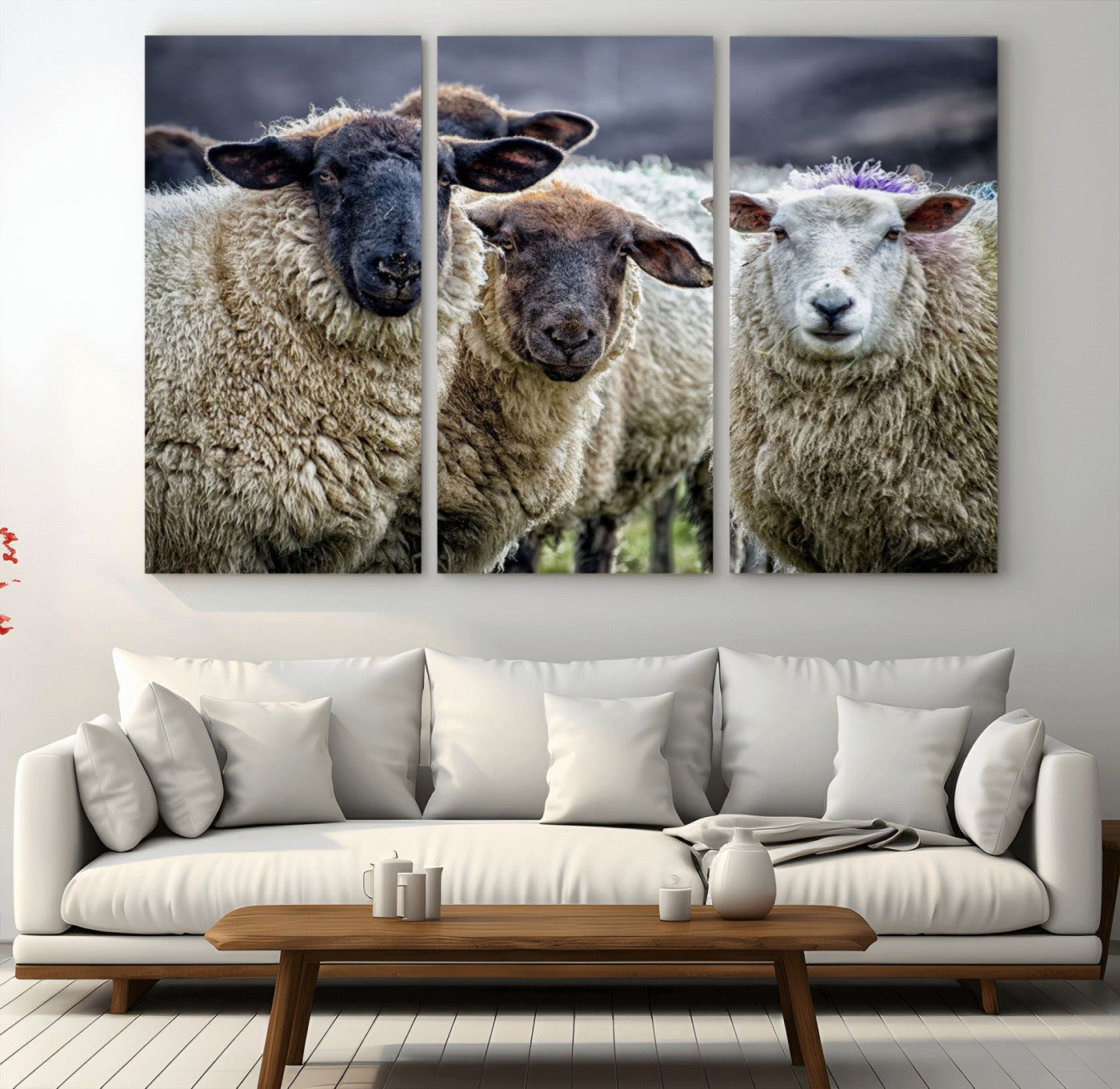 -Charming Sheep Portrait Wall Art – Trio of Woolly Companions Canvas Print, Framed, Ready to Hang