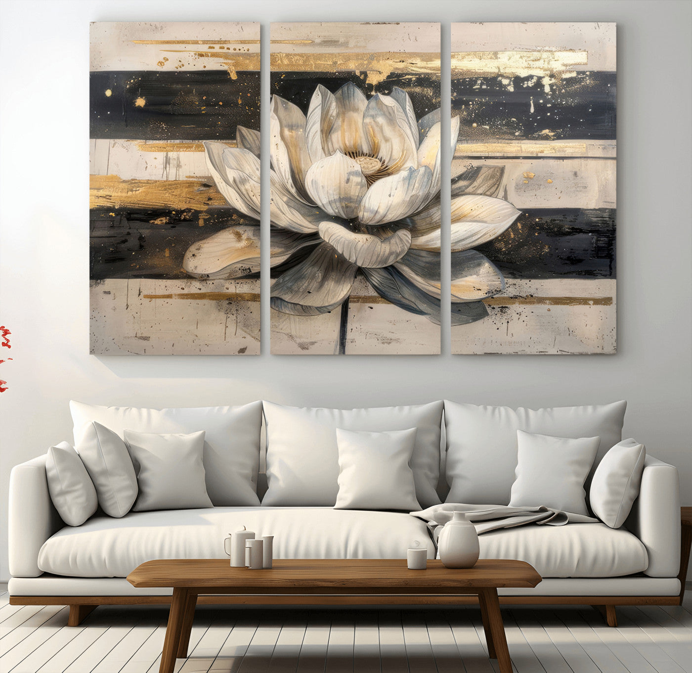 MGV-CV-48X32-3P - Lotus Flower Wall Art Canvas Print, Framed Abstract Lotus Art Picture Print, White Lotus Flower Perfect Abstract Floral Decor Artwork