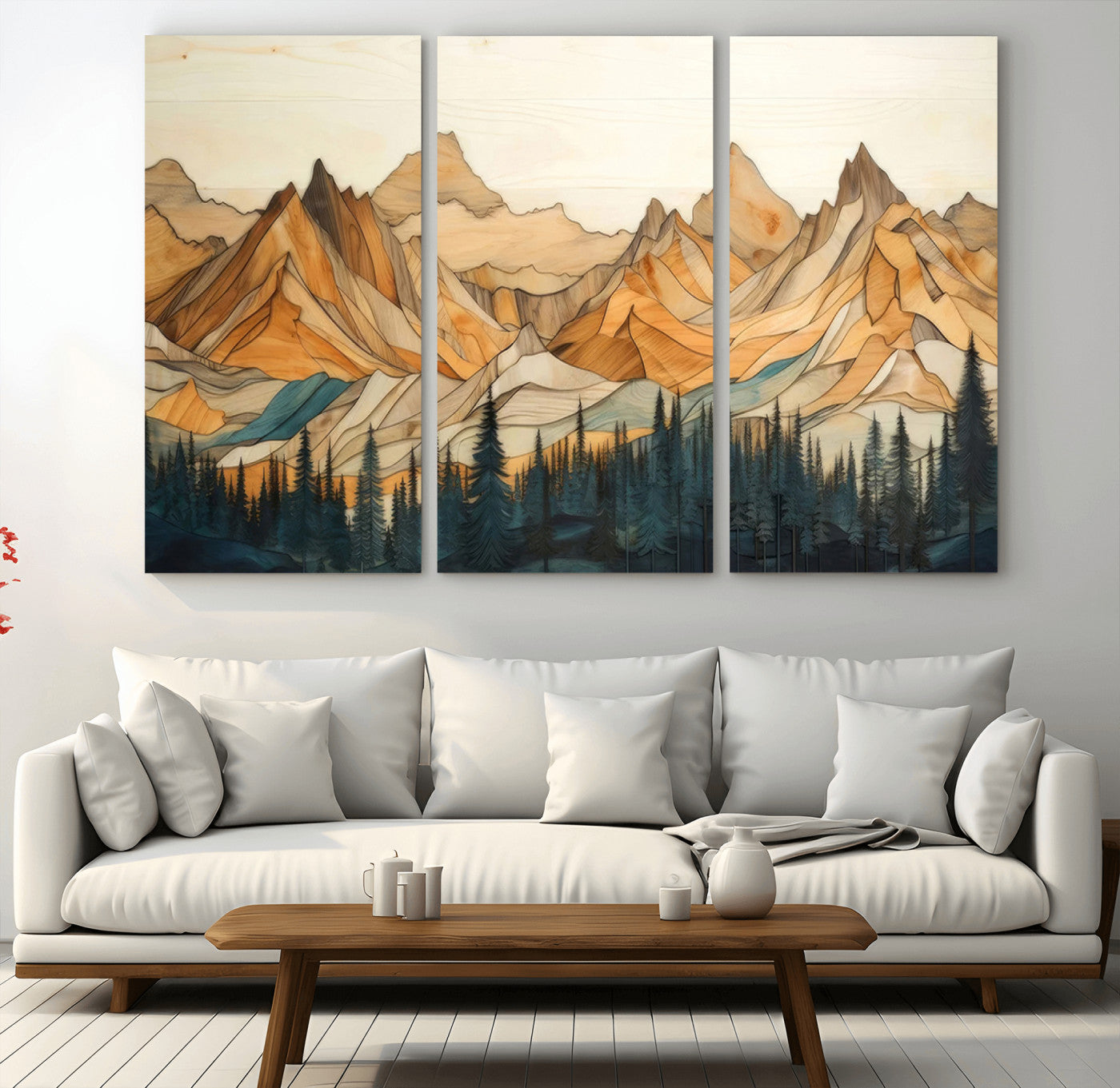 -Rustic Wood Mountain Wall Art Print | Triptych Giclee Print Featuring Handcrafted Forest and