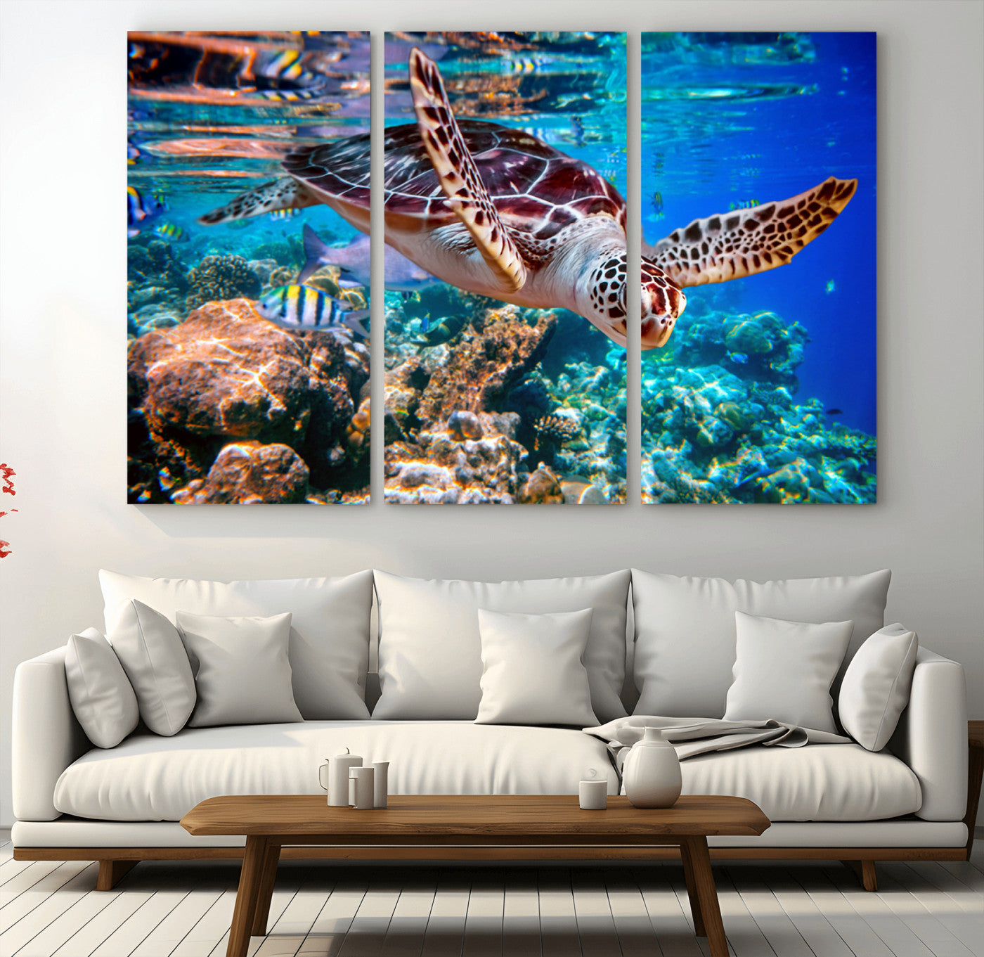 -Underwater Coral Reef Sea Turtle Wall Art Canvas Print, Vibrant Marine Life | Colorful Ocean Scene