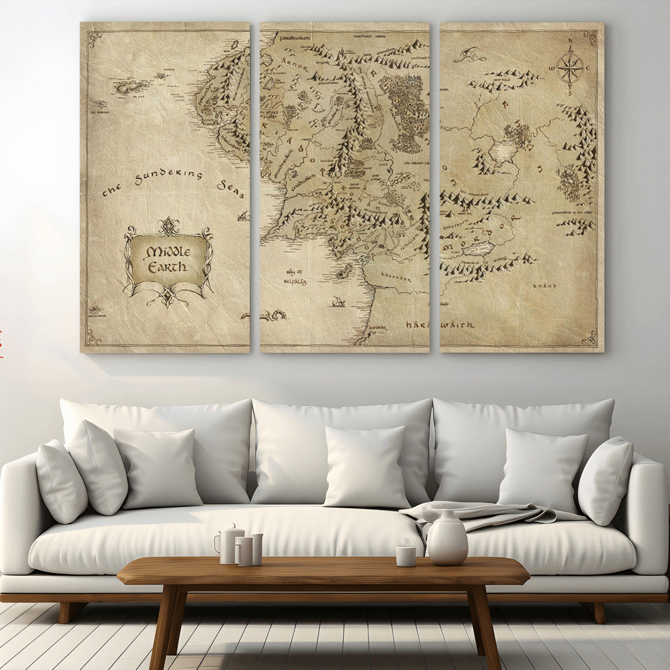 21784-MGV-CV-36X24-Vintage Middle Earth Map Wall Art Canvas – Lord of the Rings Inspired Framed Map Print, Classic Fantasy Decor for Home, Office