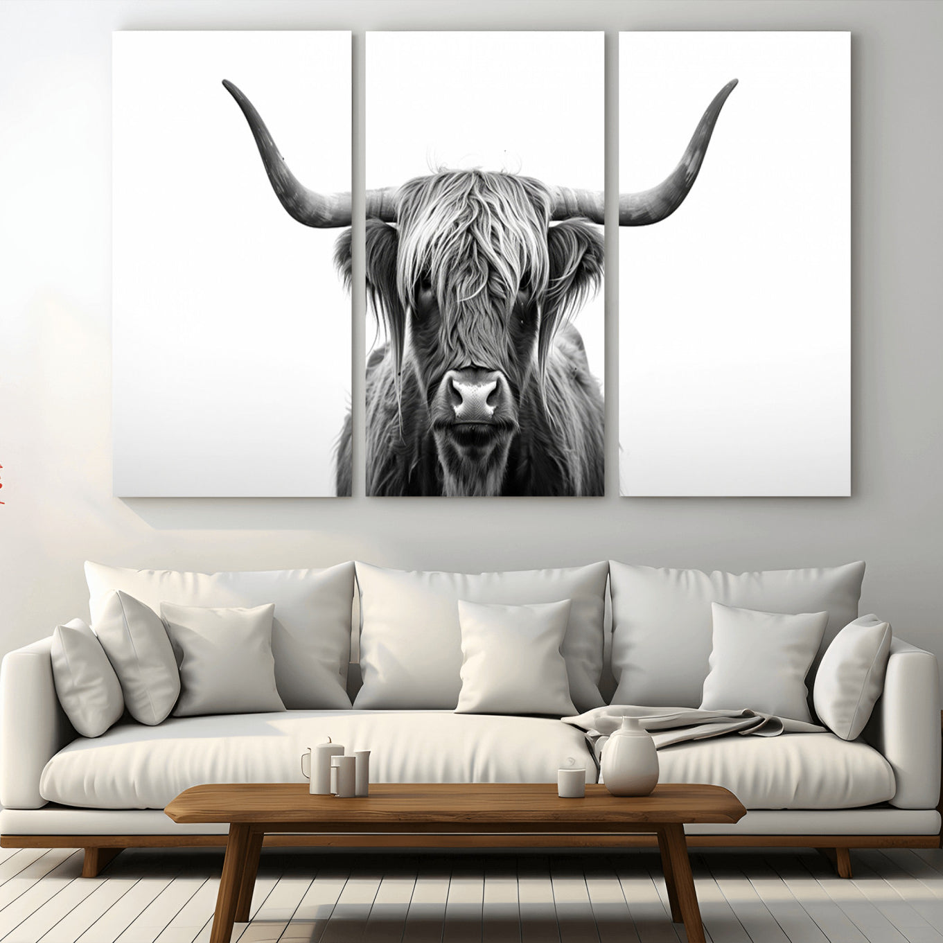 -Highland Wall Art Canvas Print – Minimalist Black and White Farmhouse Décor, Ready to Hang