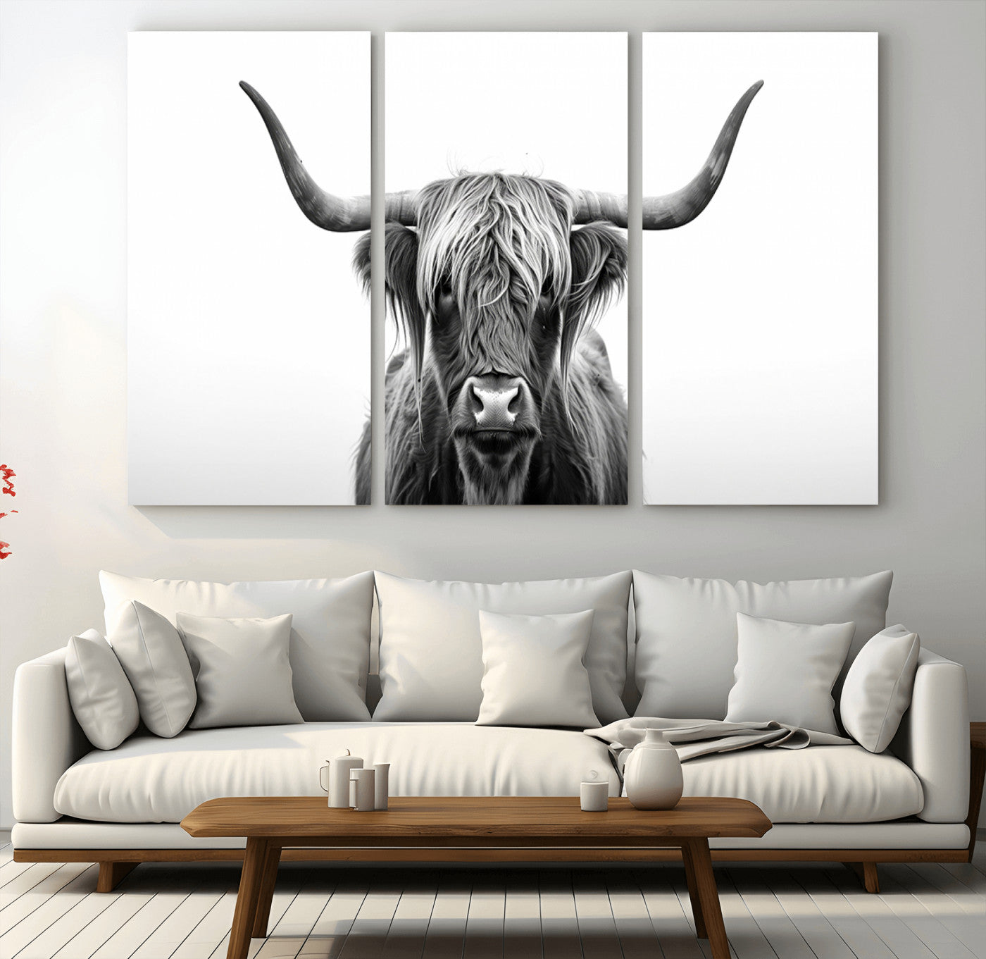 -Highland Wall Art Canvas Print – Minimalist Black and White Farmhouse Décor, Ready to Hang