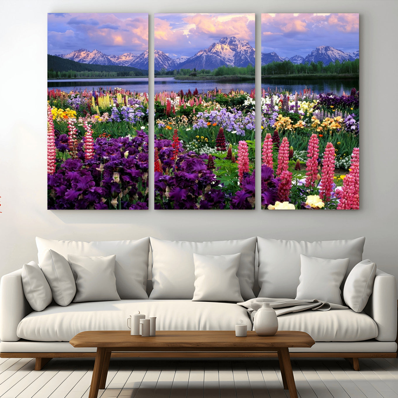 -Vibrant Wildflower Garden and Mountain View Giclee Canvas Print | Floral Wall Art for Living Room