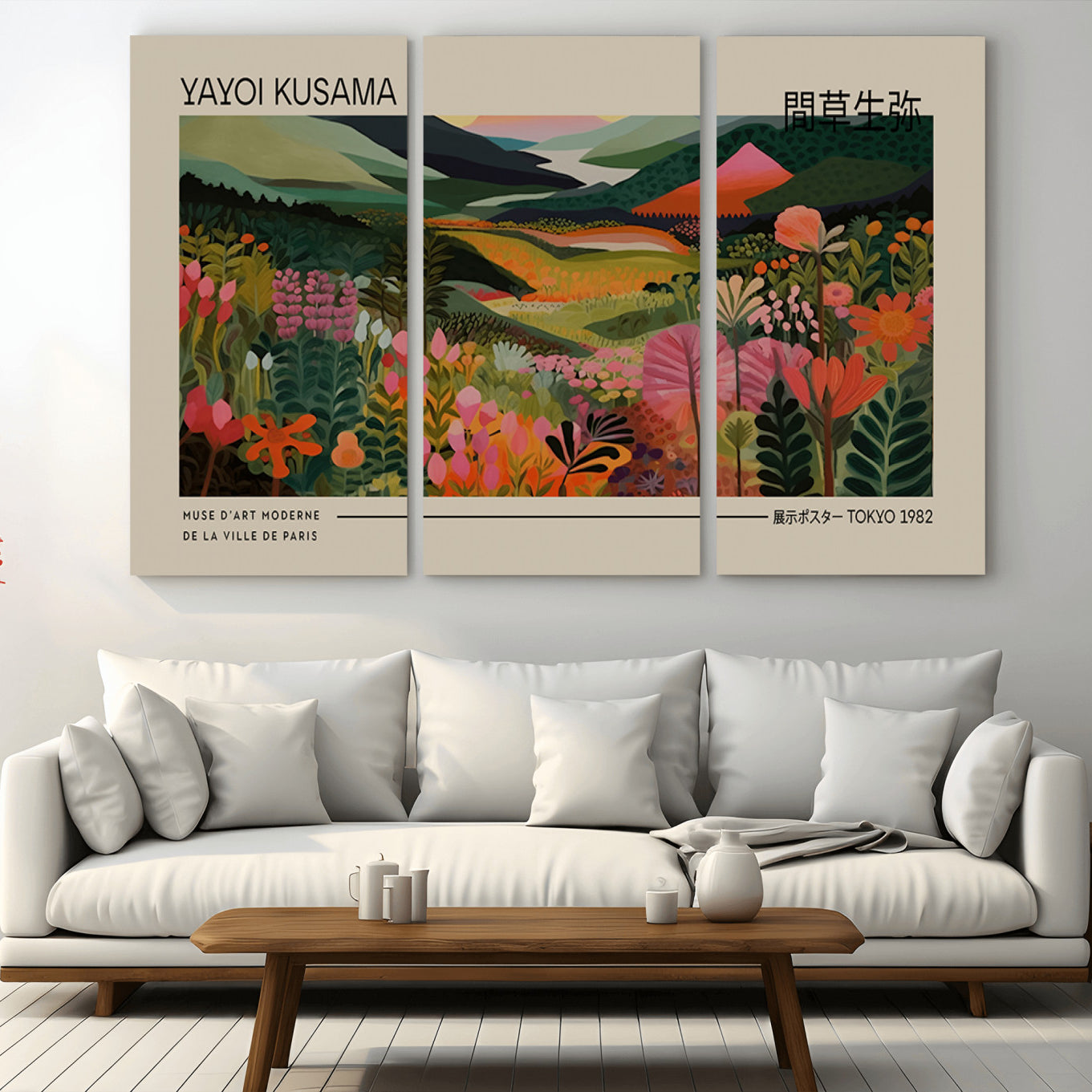 -Yayoi Kusama Landscape Canvas Print, Vibrant Floral Mountain Art Print, Botanical Flower Nature