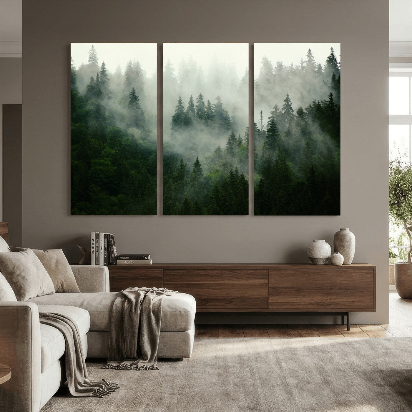 167720496-MGV-CV-36X24 - Misty Forest Mountain Wall Art Canvas | Large 3-Panel Foggy Landscape Canvas Print | Nature Misty