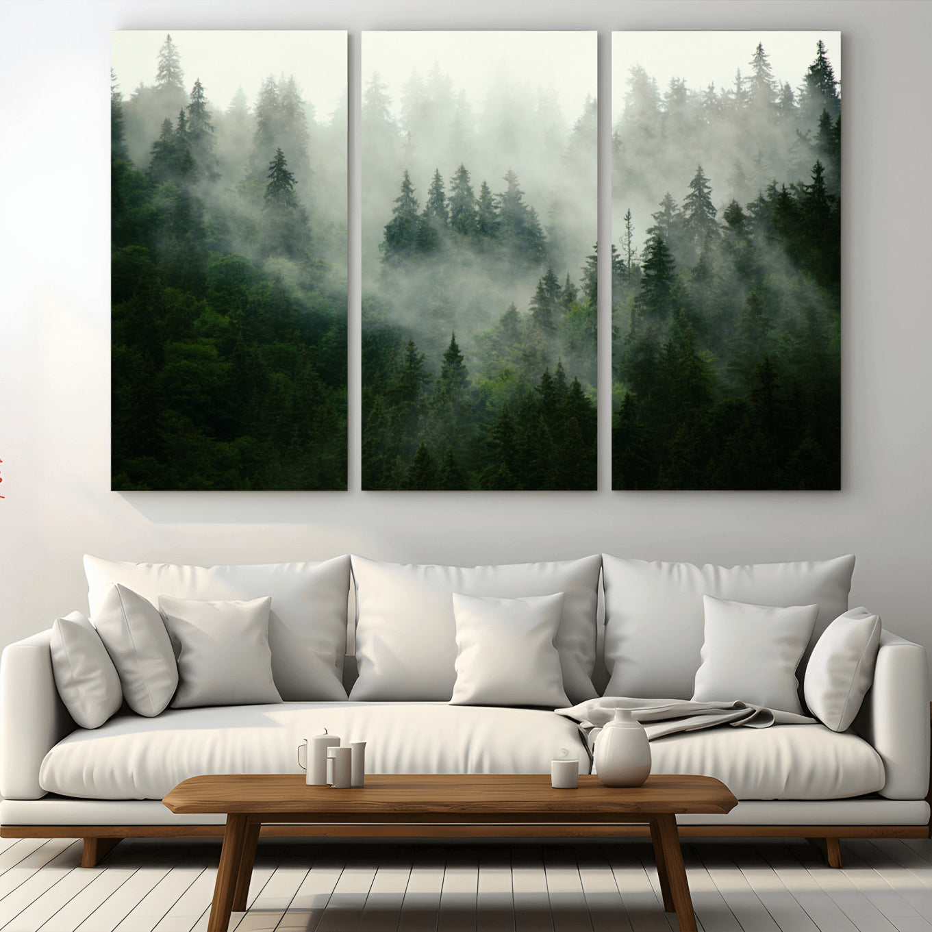 167720496-MGV-CV-36X24-Misty Forest Wall Art – Tranquil Green Woodland Canvas Print, Nature Landscape Decor for Living Room, Bedroom or Office