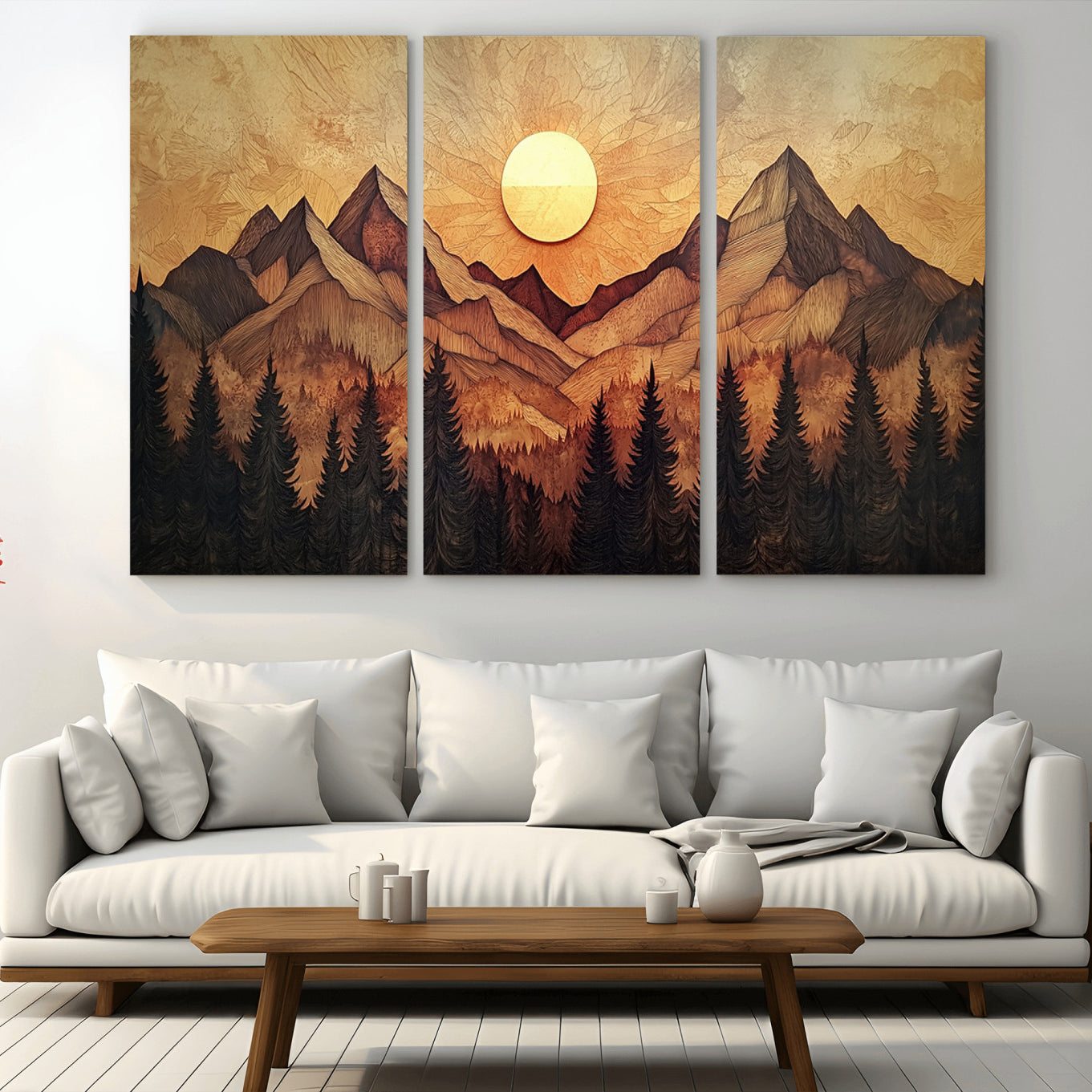 71340-MGV-CV-36X24-Wood Style Abstract Mountain Sunset Canvas Wall Art Print - Warm Earth Nature-Inspired Decor for