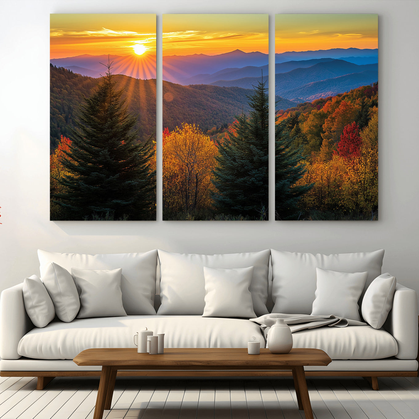 -Golden Sunset Over Mountain Forest Canvas Wall Art Print - Warm Nature-Inspired Landscape for Living