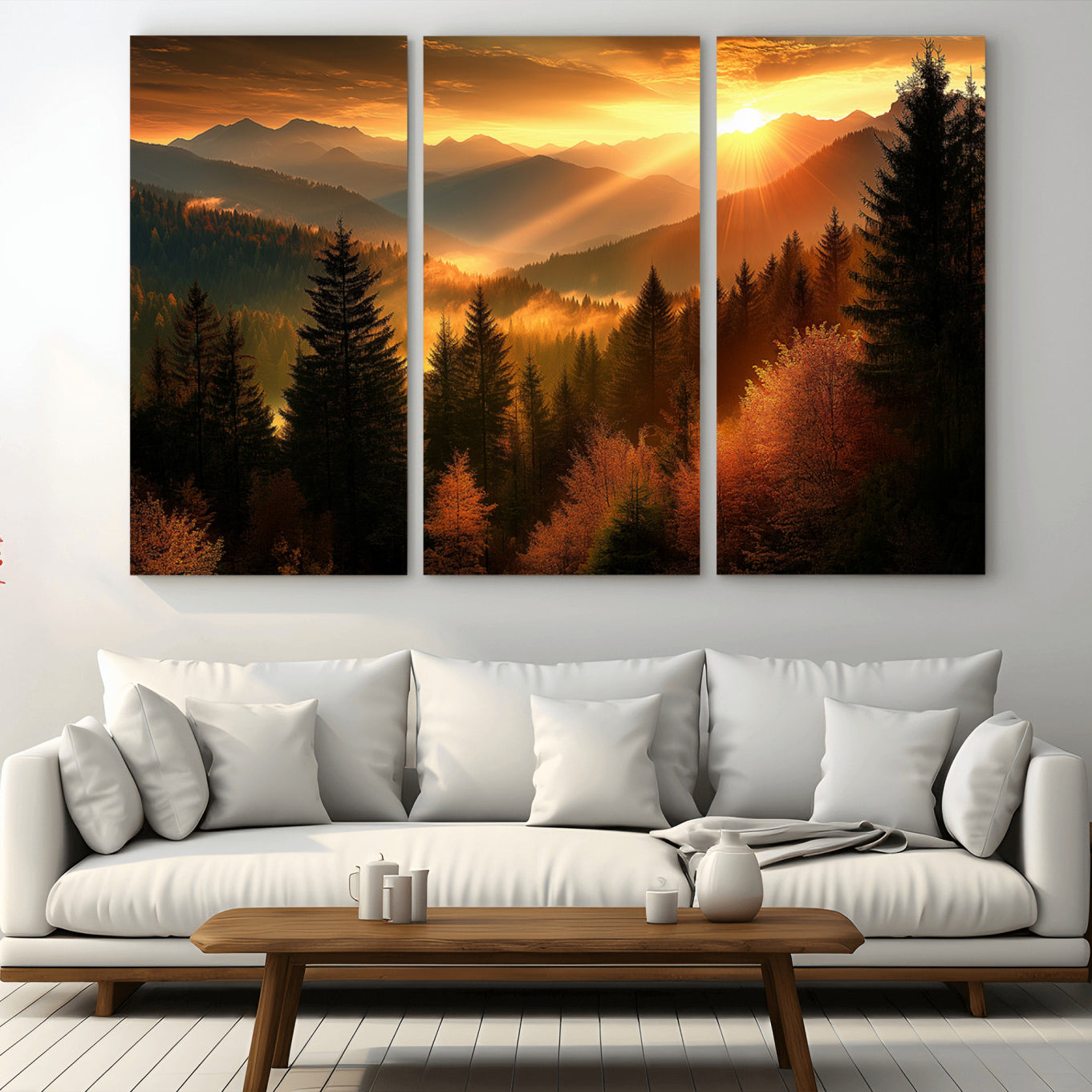 -Golden Sunset Over Mountain Forest Canvas Wall Art Print - Warm Nature Landscape Print