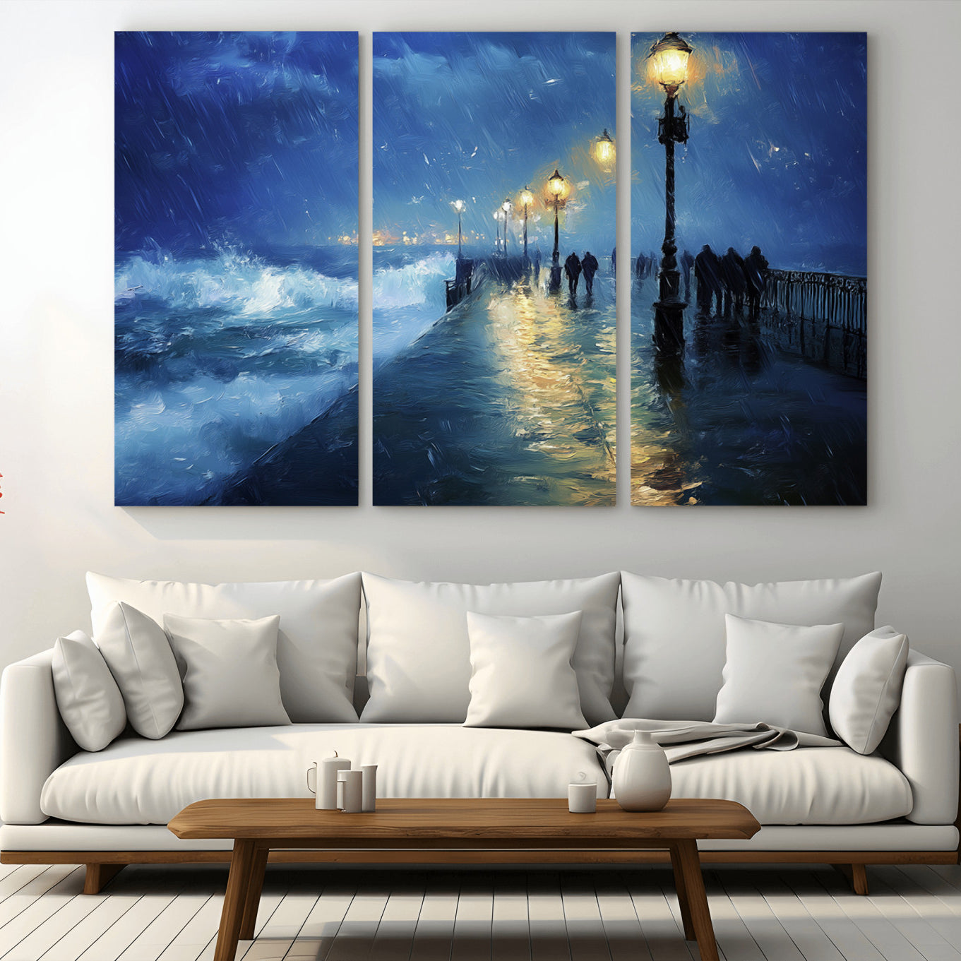 76572-MGV-CV-36X24-Abstract Stormy Ocean Pier Canvas Wall Art Print | Stormy Ocean Art | Large Moody Night Scene Print,