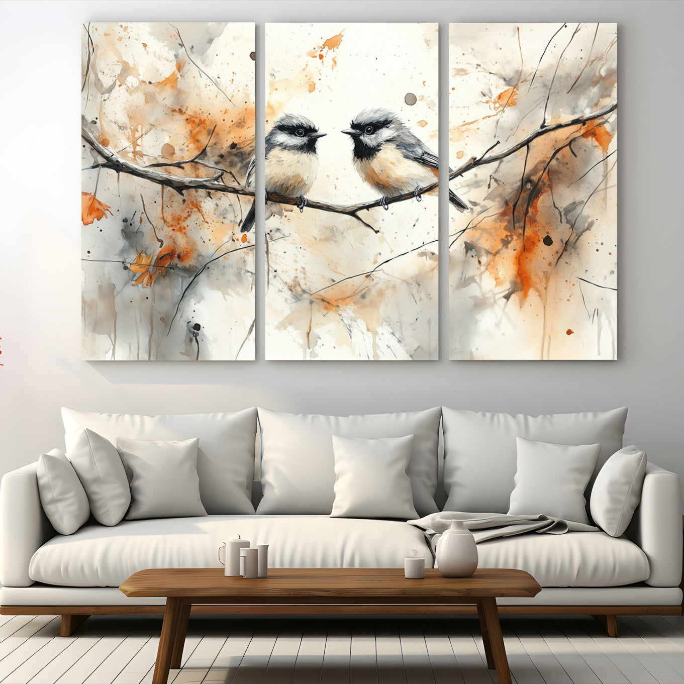 98244-MGV-CV-48X32-3P-Beautiful Birds Wall Art – Framed Watercolor Branch Canvas Artwork, Elegant Nature Design, Vibrant Decor for Home, Office