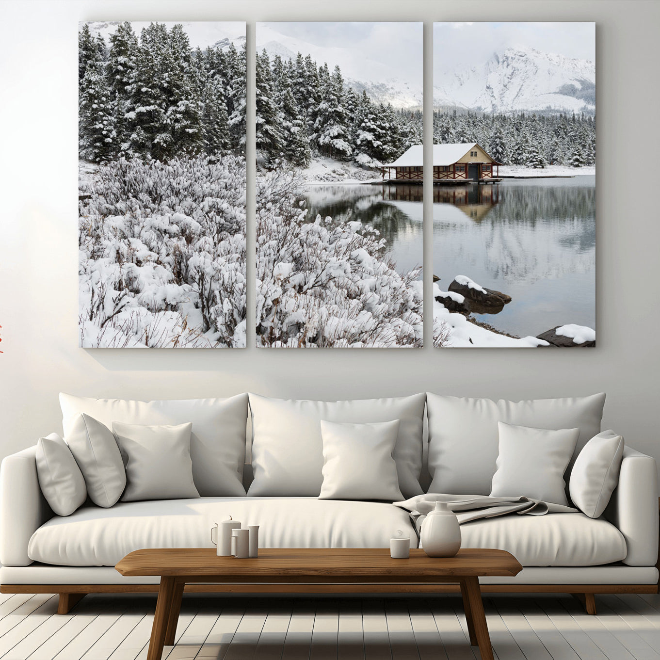 -Winter Wall Art - Cabin by the Lake Canvas Wall Art - Serene Snowy Landscape with Mountain View,