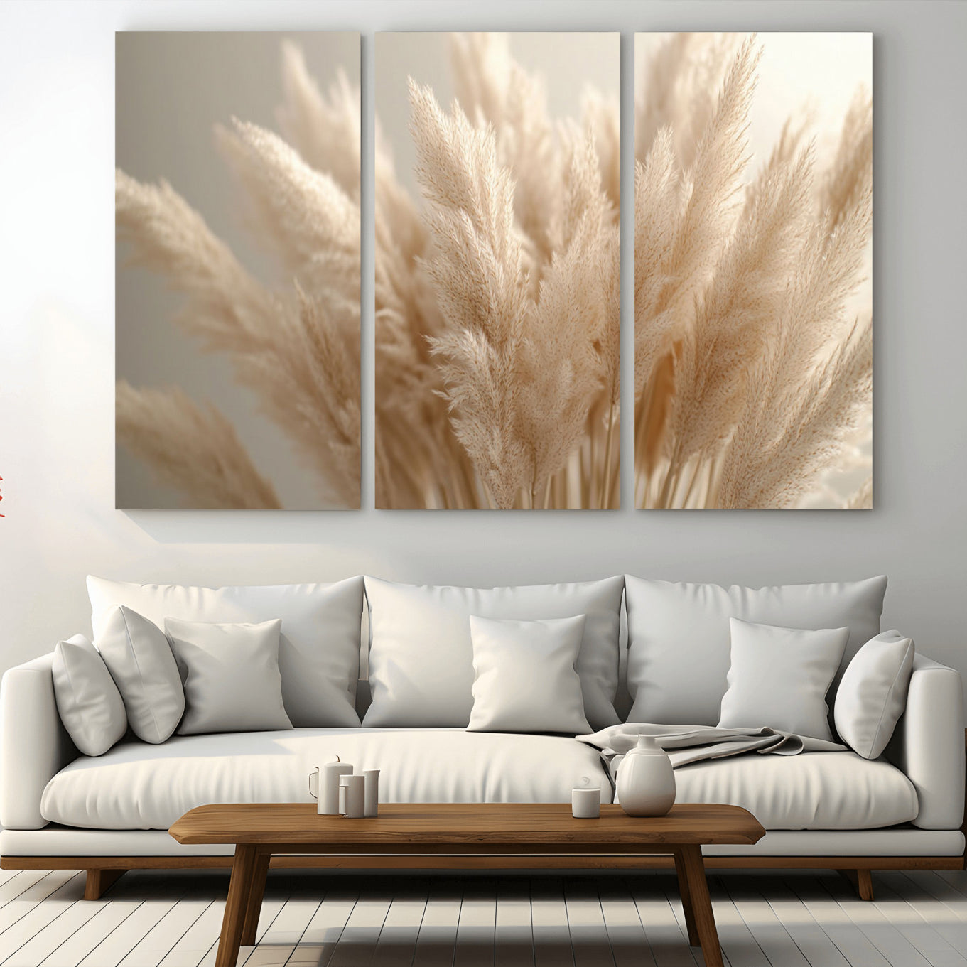 -Pampas Grass Canvas Wall Art - Elegant Neutral Decor for Living Room, Boho Minimalist Artwork, Ready