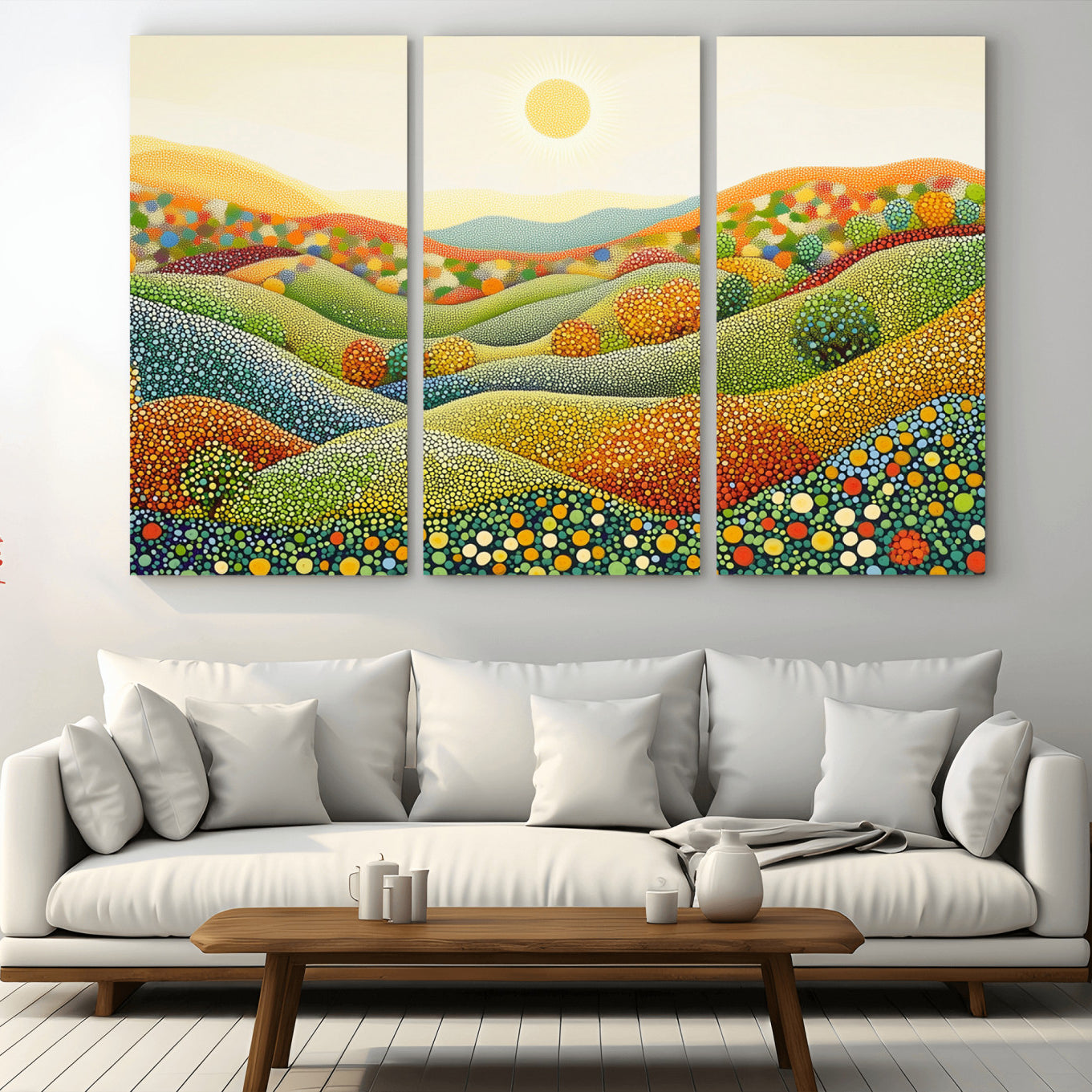 -YAYOI KUSAMA Wall Art - Colorful Dot Art Landscape Canvas, Framed Japanese Dot Art