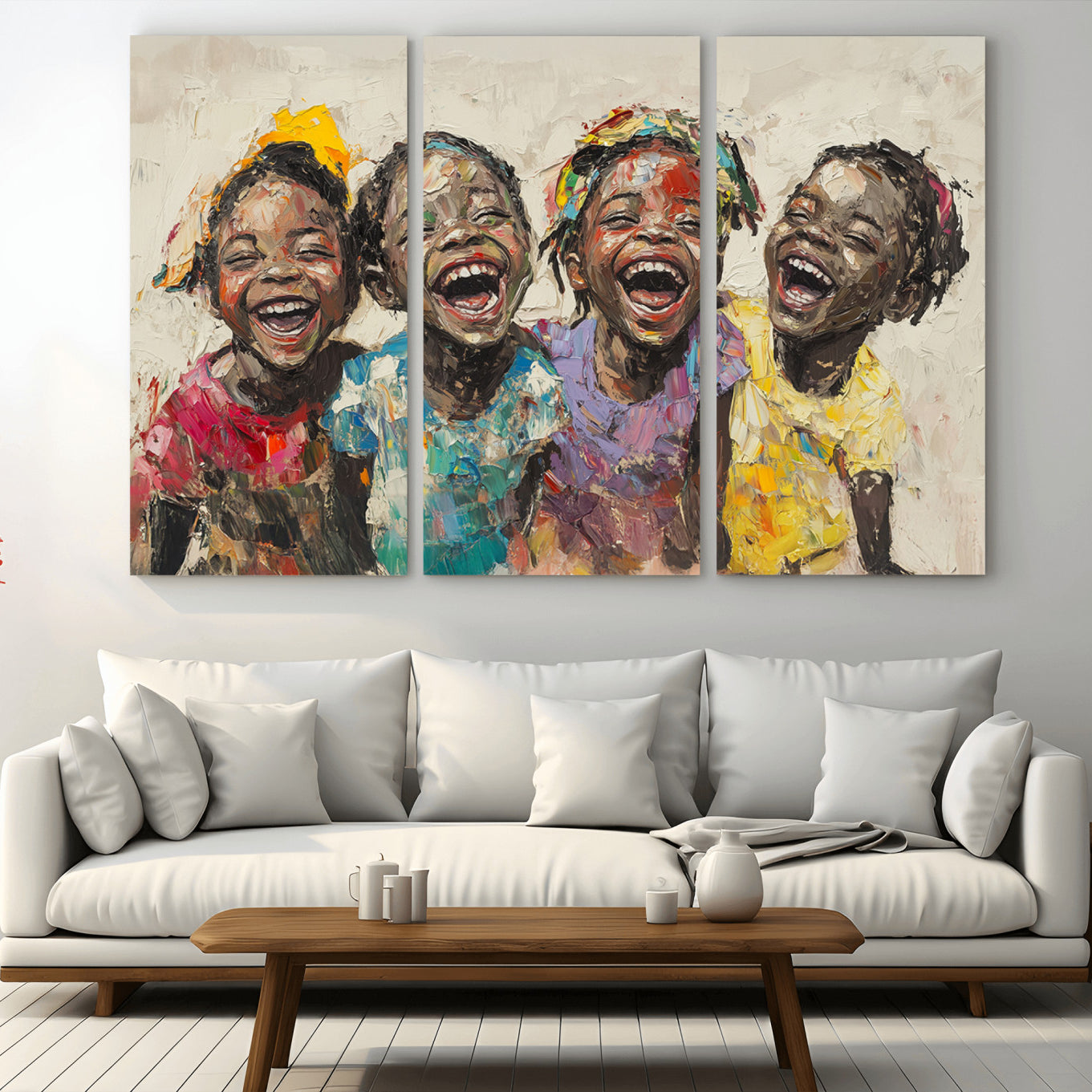 93034-MGV-CV-36X24-Shai Yossef style Joyful Childhood Canvas Wall Art - Expressive Impasto Painting of Black Children
