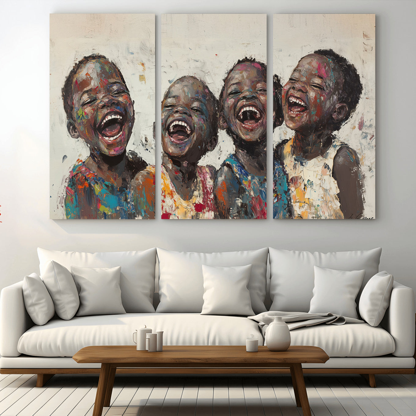 85256-MGV-CV-36X24-Shai Yossef Print - Joyful Childhood Canvas Wall Art - Expressive Impasto Painting of Laughing