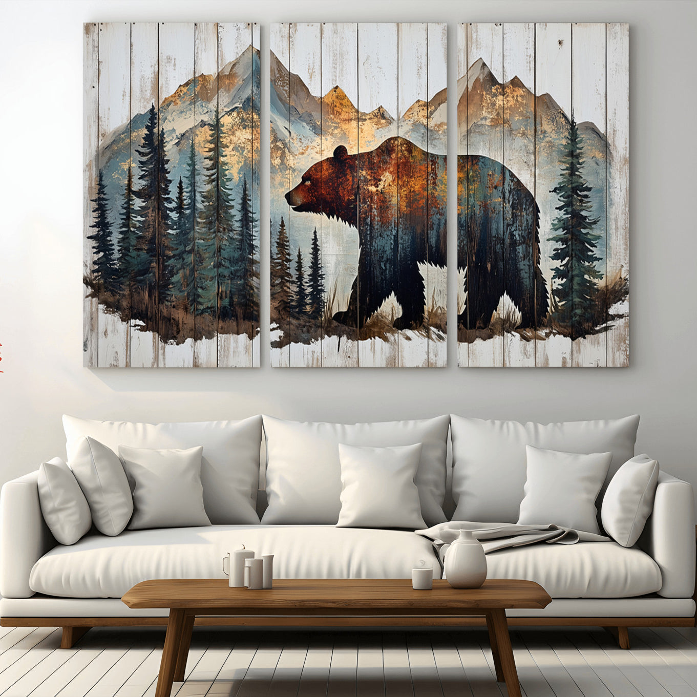 -Rustic Grizzly 399 Bear and Mountain Wood Canvas Wall Art - Framed Nature Artwork with Forest