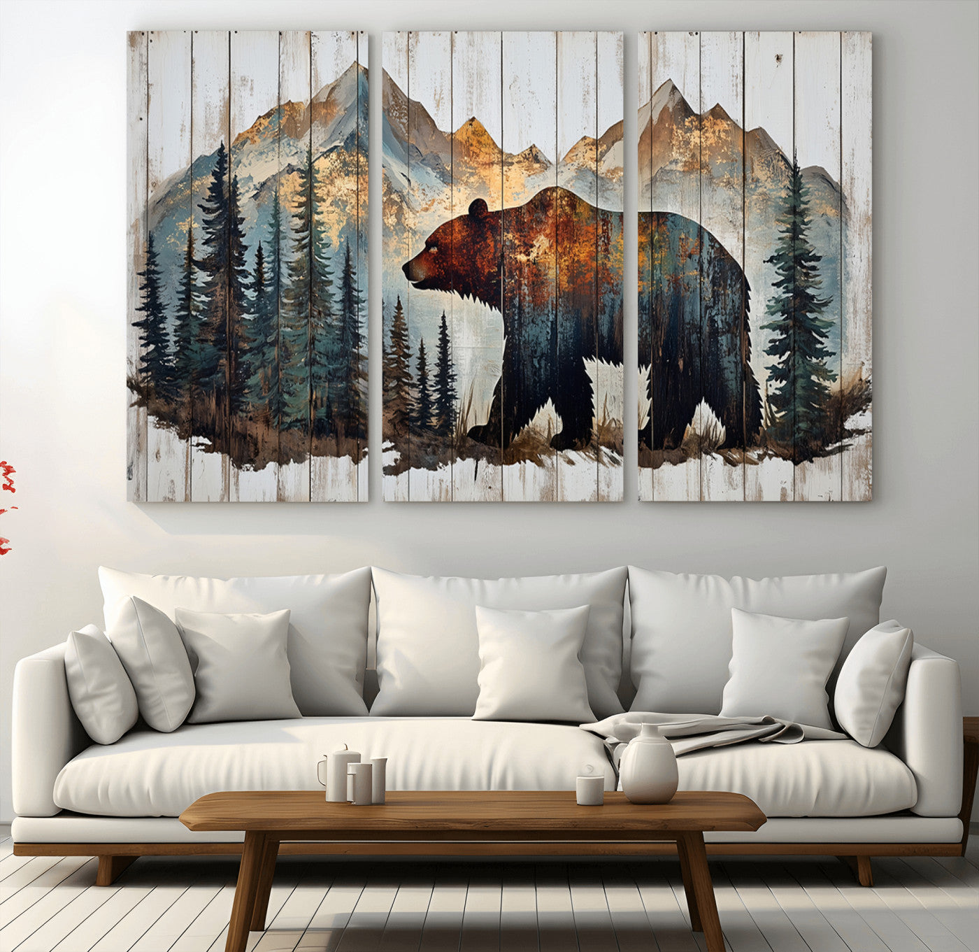 55777-MGV-CV-36X24-Rustic Grizzly 399 Bear and Mountain Wood Canvas Wall Art - Framed Nature Artwork with Forest