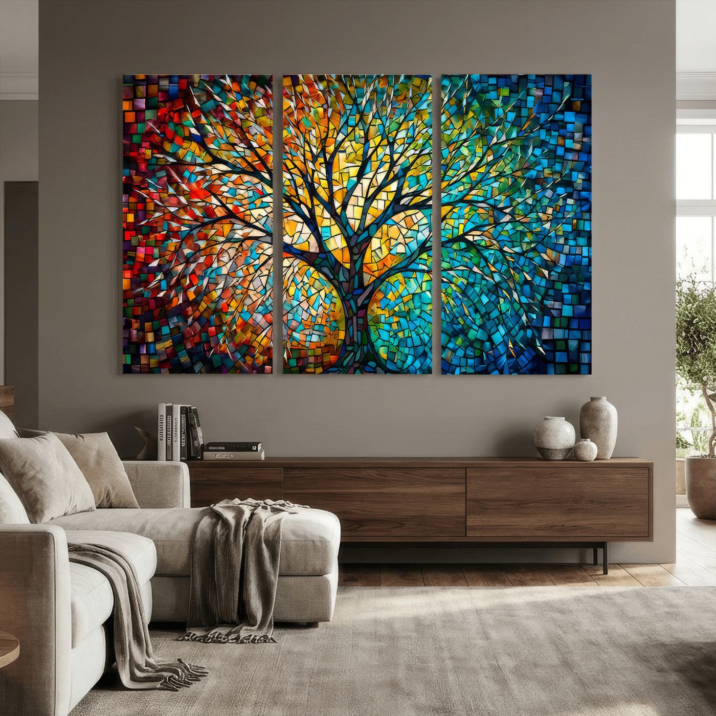 99325-MGV-CV-36X24 - Yggdrasil Tree of Life Wall Art Print Canvas | Mosaic Style 3-Panel Canvas Print