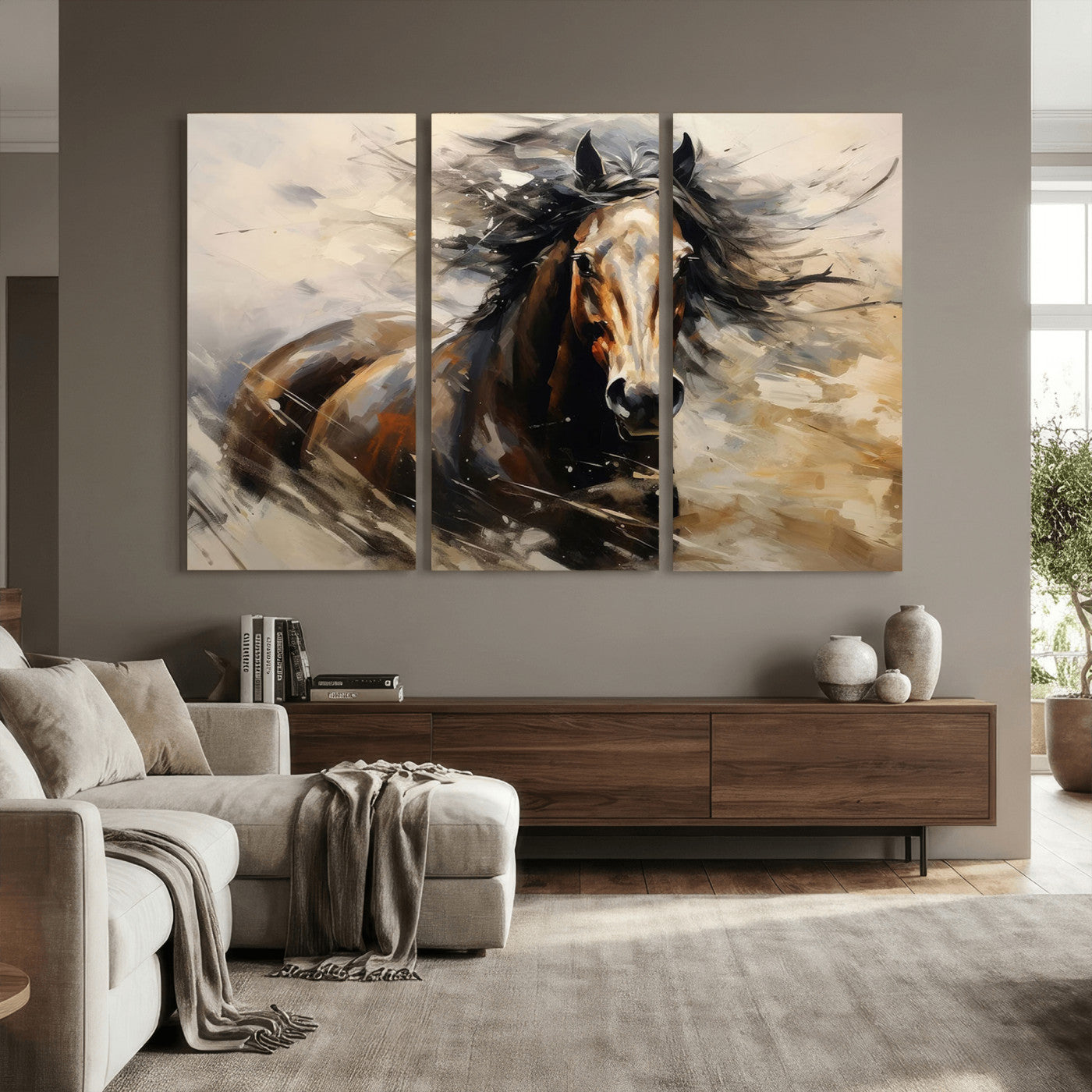 53001-MGV-CV-36X24 - Abstract Wall Art Horse Print - Large Western Horse Canvas - Farmhouse Woodland Wall Art - Framed