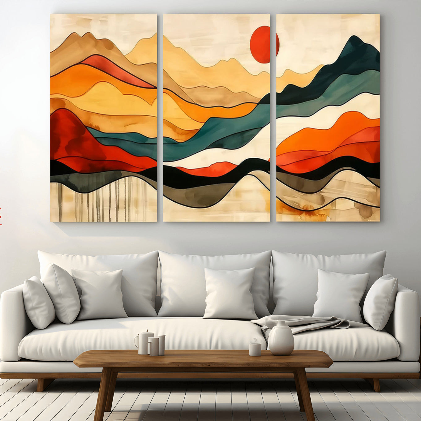 A vibrant abstract landscape featuring layered hills in rich earth tones with a striking red sun, evoking warmth and movement in a minimalist style.