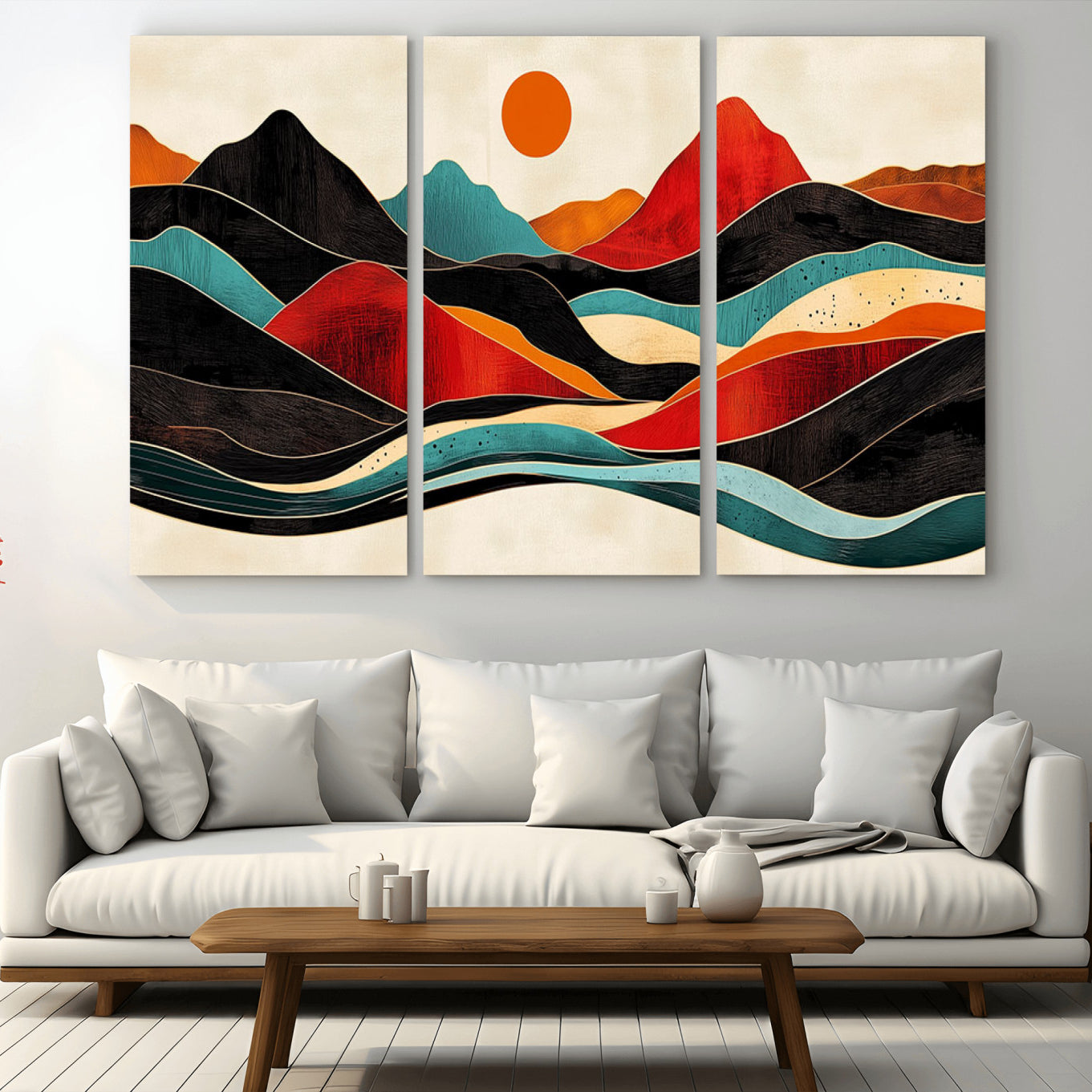 -Western Wall Decor - Large Triptych Mountain Canvas - Boho Woodland Wall Art Print - Framed