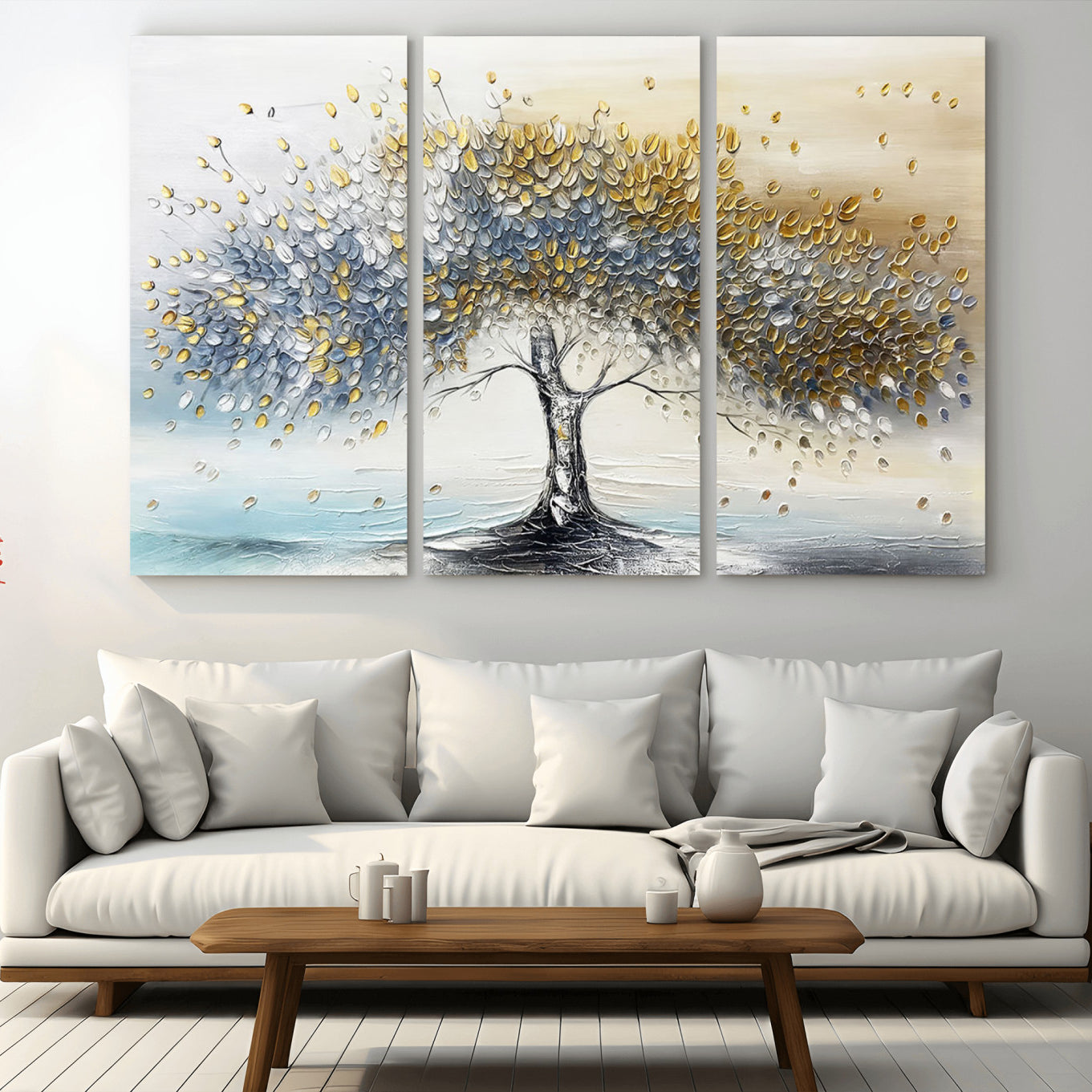 An elegant impasto painting featuring a tree with shimmering silver and gold leaves, blending soft pastels to create a calm and sophisticated atmosphere.