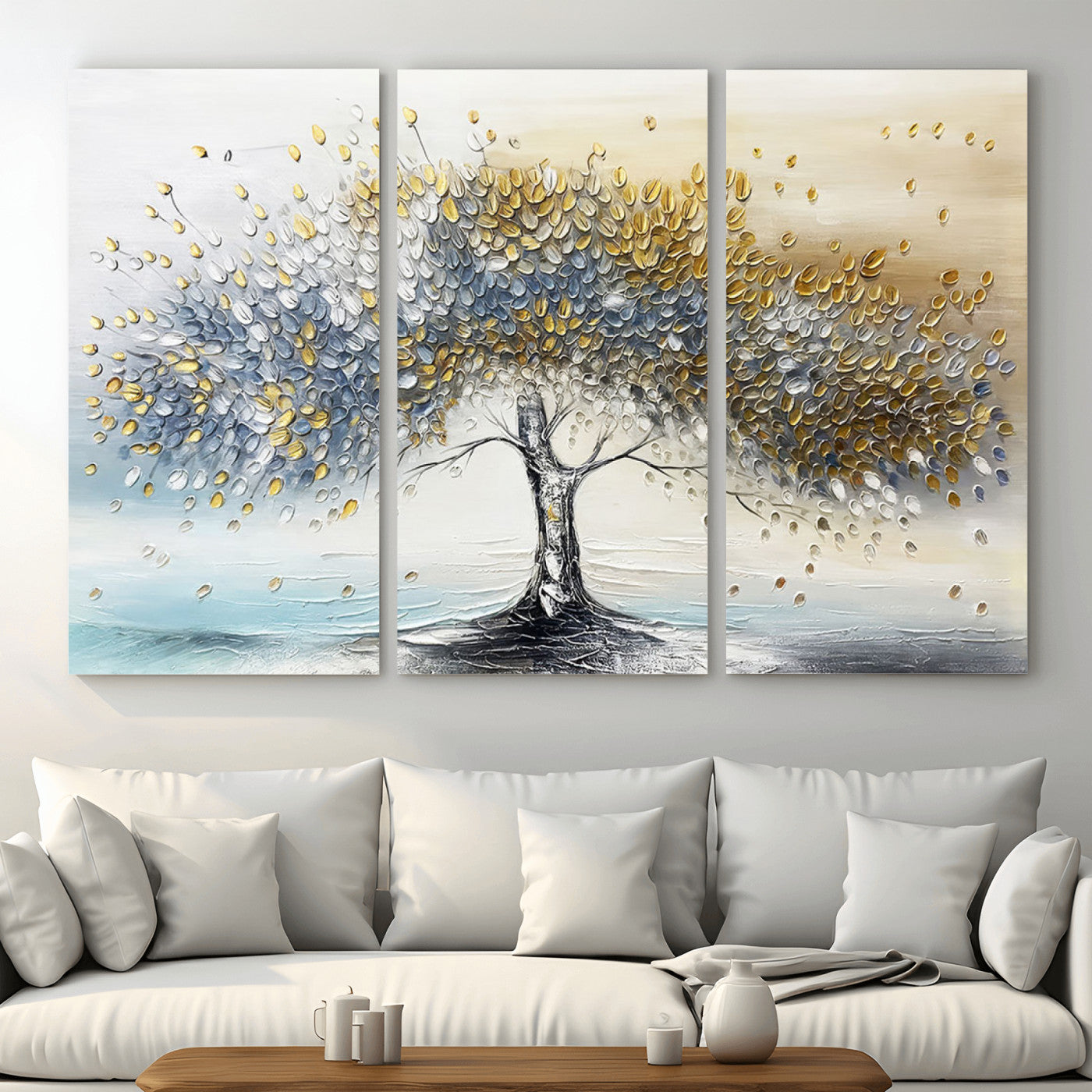 MGV-CV-48X32-3P - Golden & Silver Tree of Life Wall Art – Canvas Print with Whimsical Leaves Elegant Nature Design, Decorative Home, Office or Guest Room Decor