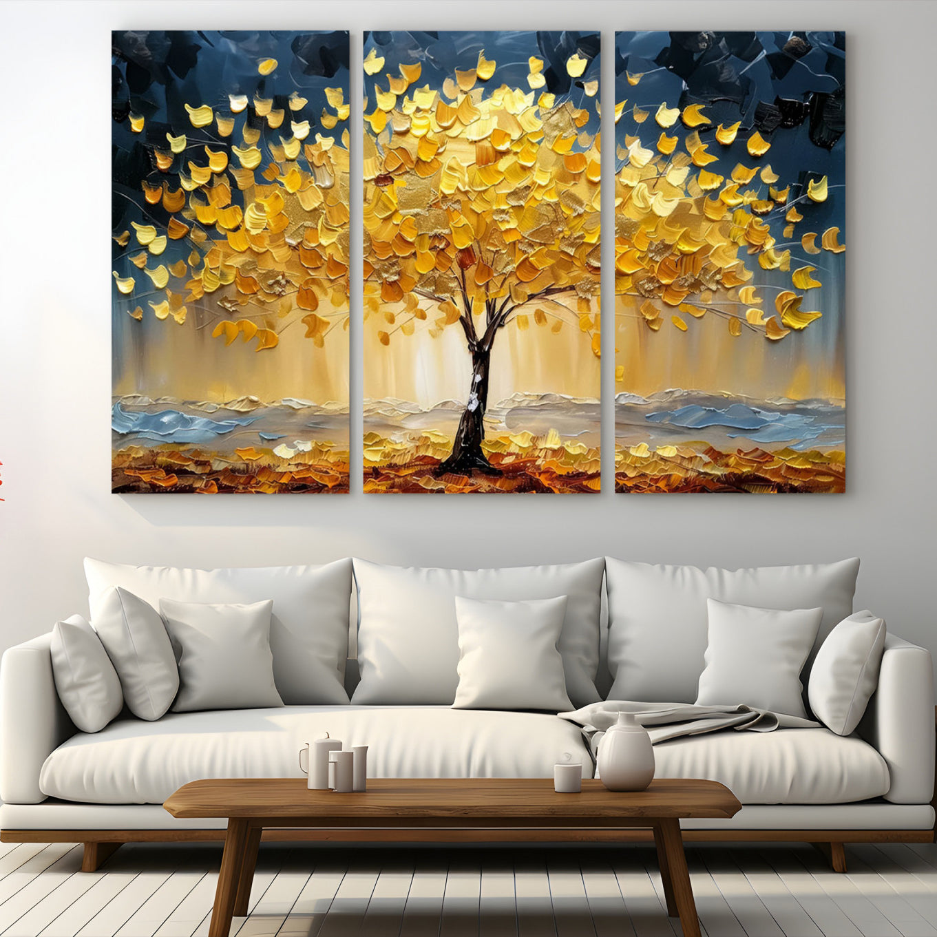 A stunning impasto painting captures the golden hues of autumn with a vibrant tree glowing against a dramatic blue and brown backdrop.