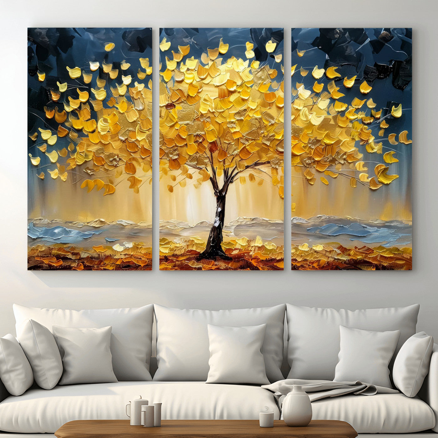 45682-MGV-CV-36X24-Golden Autumn Tree Wall Art – Framed Fall Leaves Canvas Artwork, Vibrant Seasonal Design, Cozy Nature Decor for Home, Office