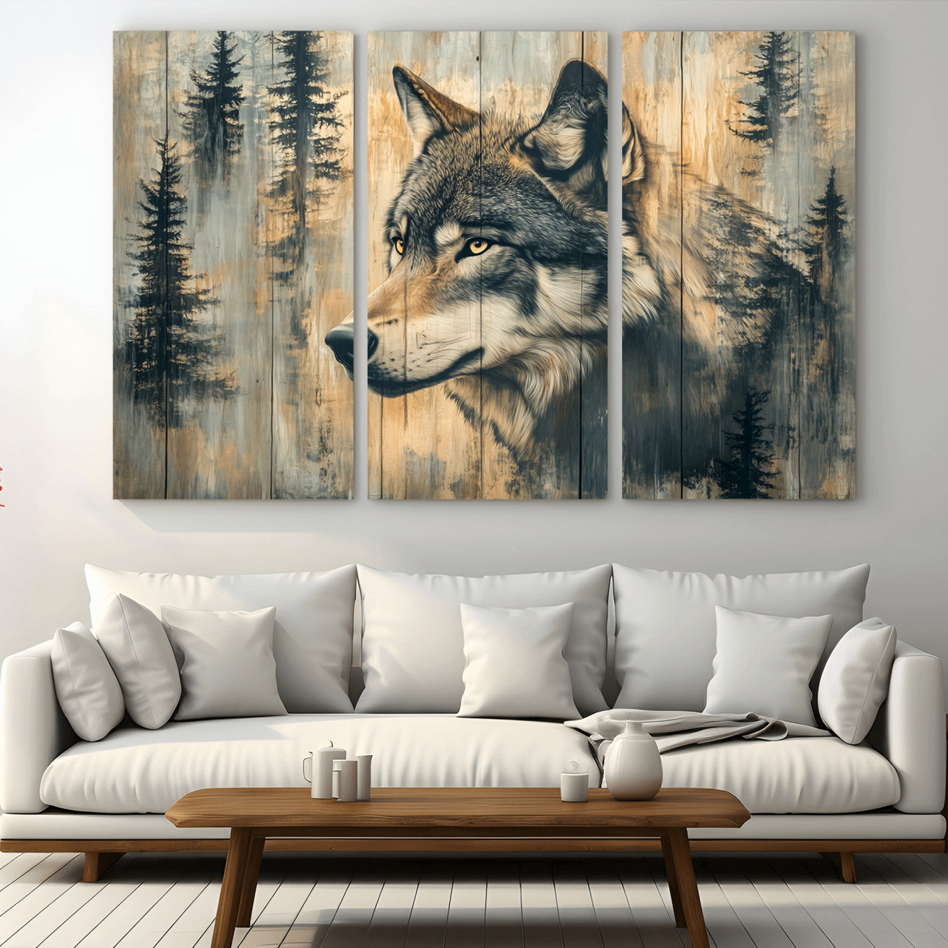 51892-MGV-CV-48X32-3P-Wood Style Rustic Wolf Wall Art Canvas Print, Vintage Woodland Wolf Wall Art, Framed Wood Style Wolf