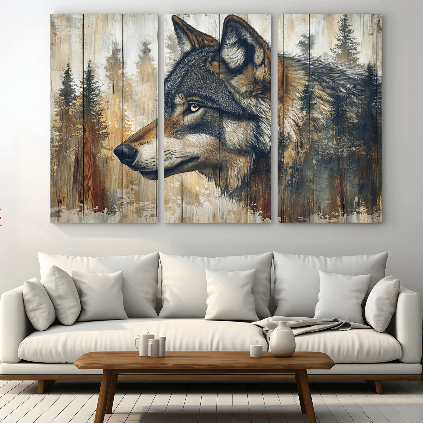 -Rustic Wolf Wall Art Canvas Print, Vintage Woodland Wolf Wall Art