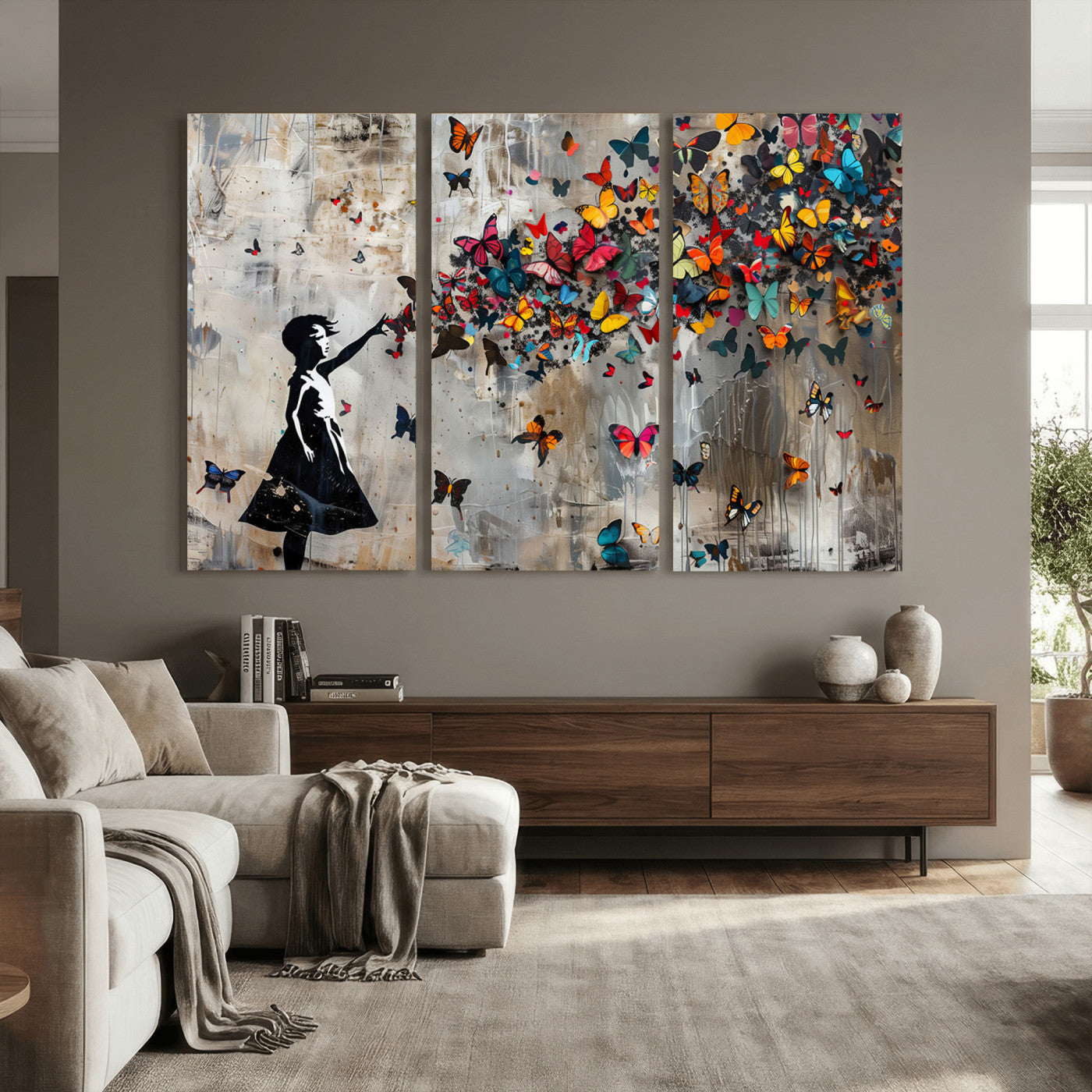 51446-MGV-CV-36X24 - Banksy Butterfly Girl Wall Art | 3-Piece Butterfly Girl Canvas