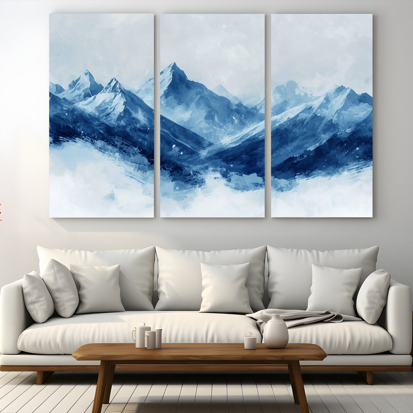 Peaceful watercolor-style painting of snowy blue mountains in soft tones, perfect for winter-themed or minimalist wall decor.