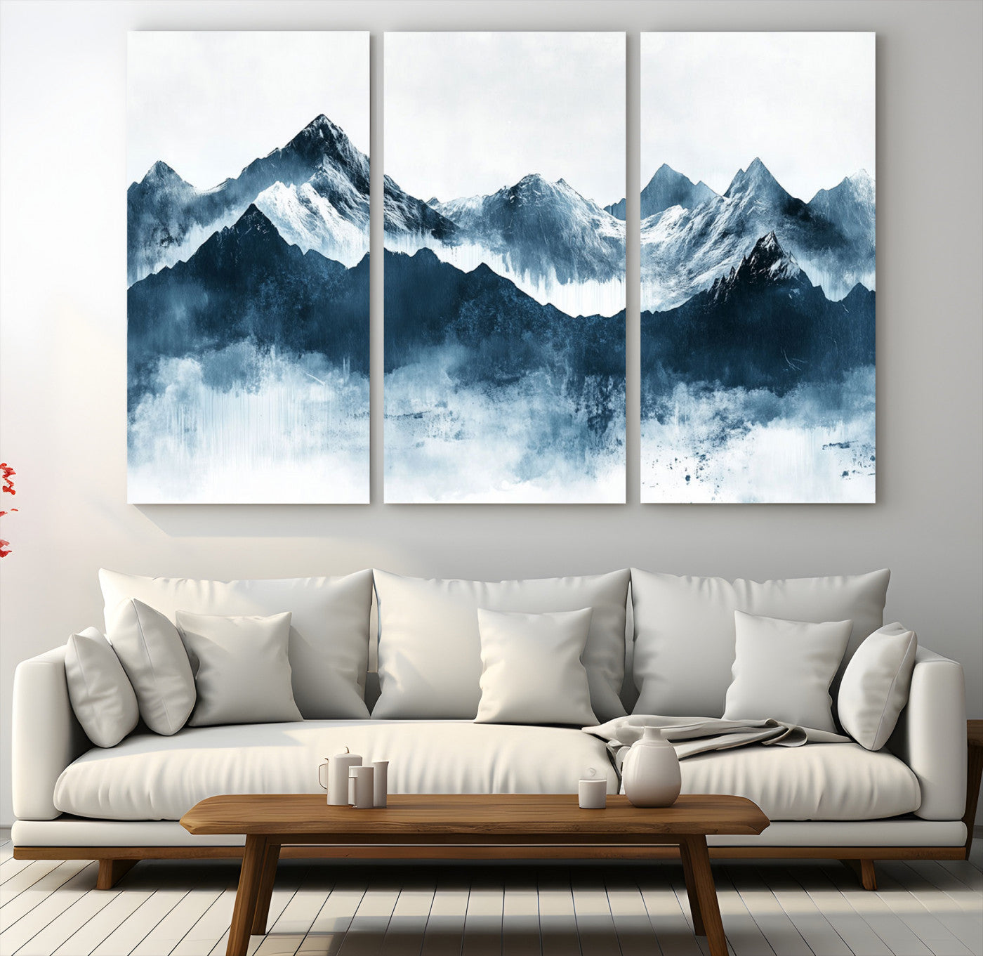 Abstract blue-toned canvas of snowy mountains in misty tones, ideal for minimalist or moody alpine-inspired home decor.