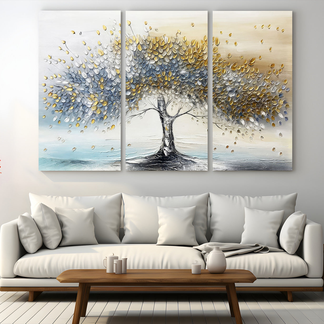Canvas of a silver and gold textured tree with a soft neutral background, ideal for elegant and minimalist home decor styles.
