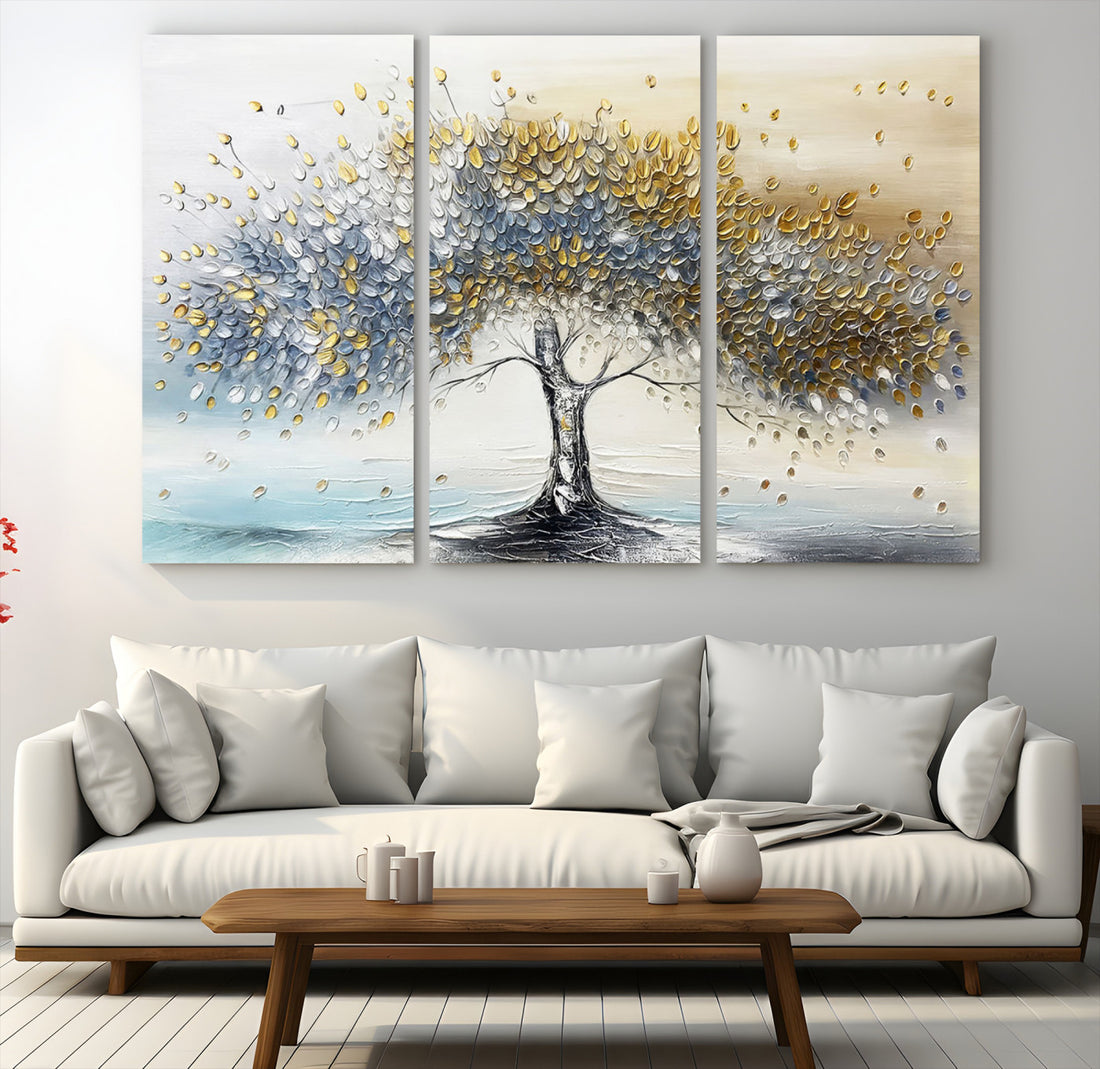 Silver Tree Wall Art | Framed Golden Leaves Canvas Artwork