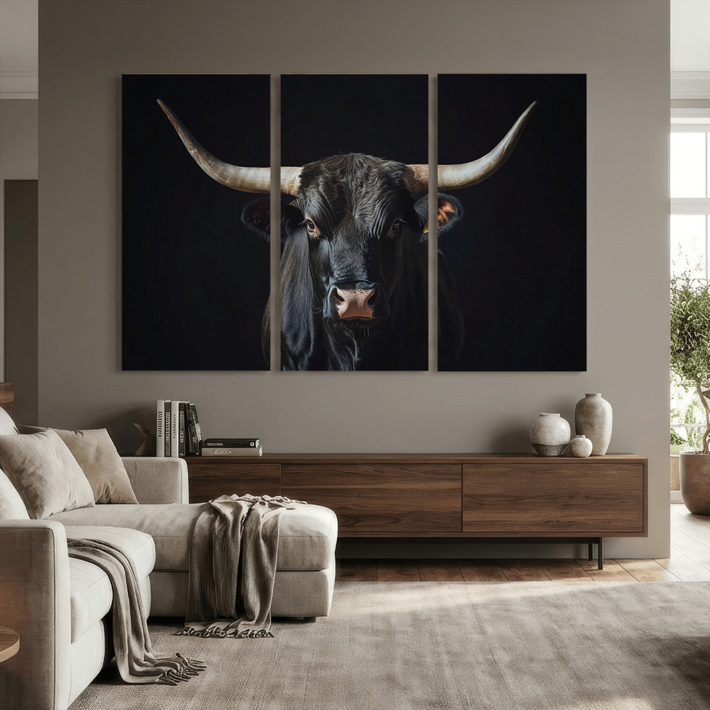 48065167-MGV-CV-36X24 - Texas Longhorn Bull Wall Art Canvas Print – Western Black Bull Art Print for Farmhouse Ranch Decor