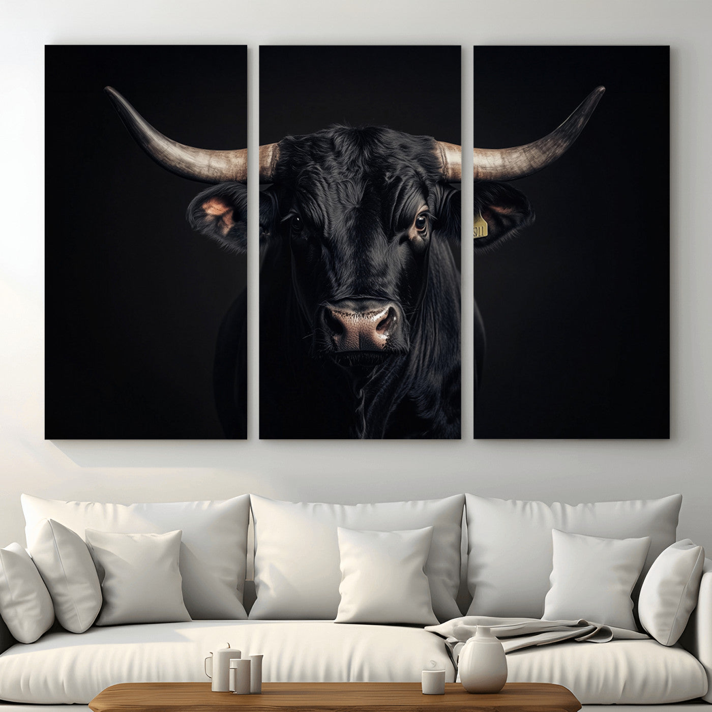 MGV-CV-48X32-3P - Black Bull Wall Art – Framed Horned Bull Canvas Artwork, Western Cattle Design, Rustic Ranch Style Decor for Home, Office