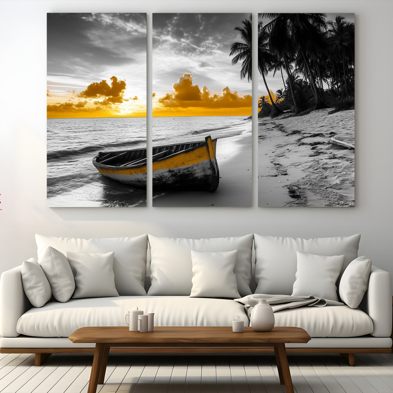 Canvas of a yellow rowboat on a black and white tropical beach with golden sunset sky, ideal for coastal or tropical-themed home decor.