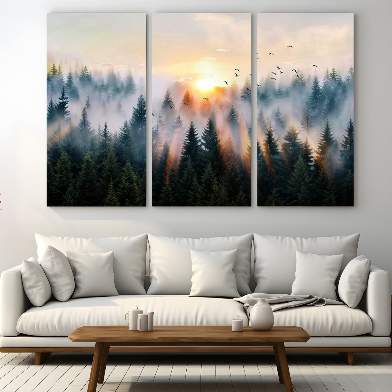 Canvas of a misty pine forest at sunrise with birds flying through golden morning rays, perfect for serene and moody woodland-style home decor.