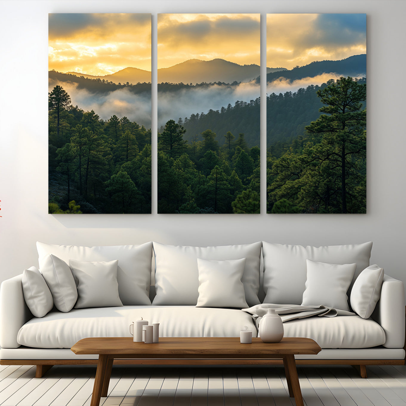 Canvas of misty pine-covered mountains at sunrise, featuring golden light and fog layers, ideal for tranquil earthy home decor.