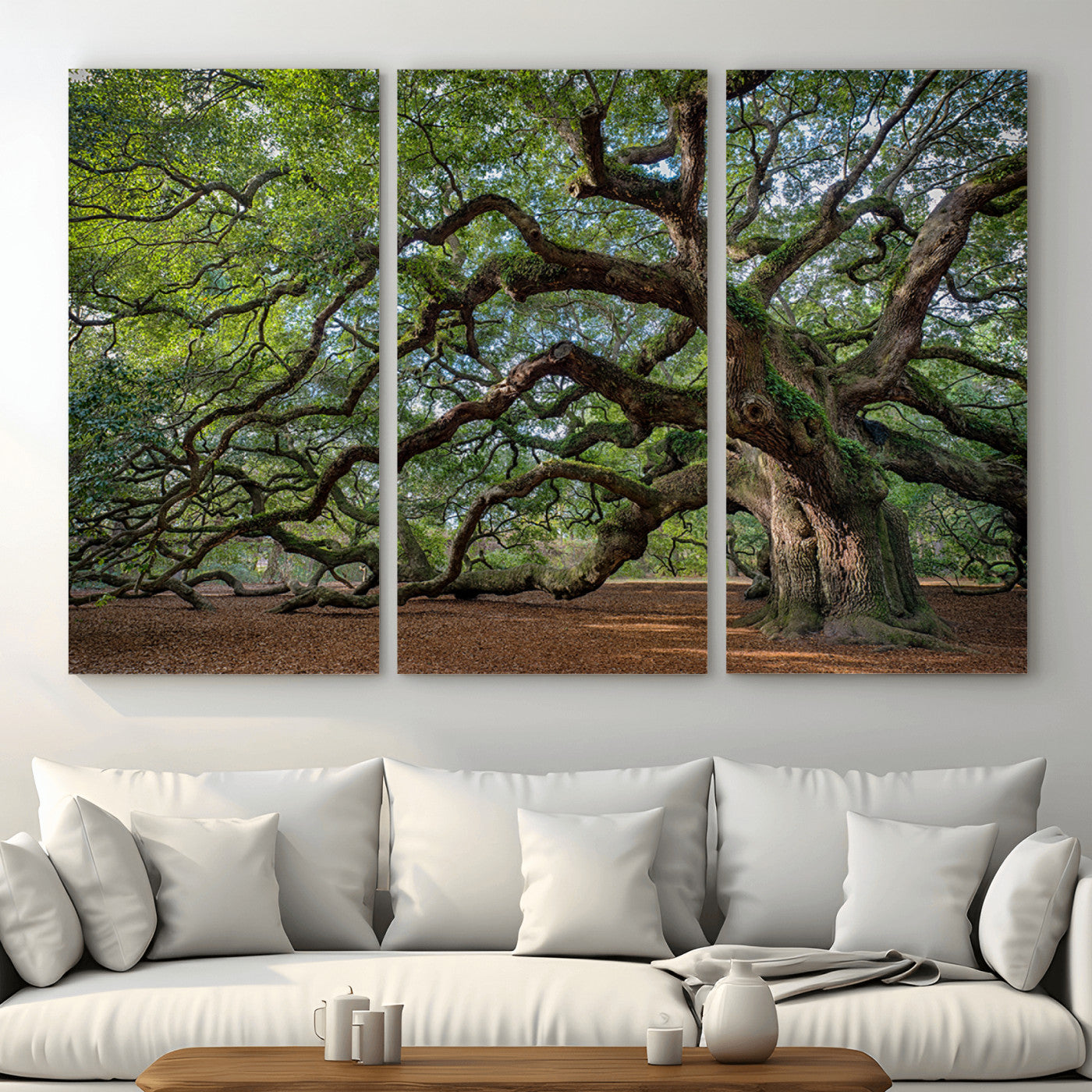 MGV-CV-48X32-3P - Ancient Oak Tree Wall Art – Canvas Print of Expansive Branches Lush Green Canopy, Tranquil Landscape, Majestic Nature Decor for Home or Office