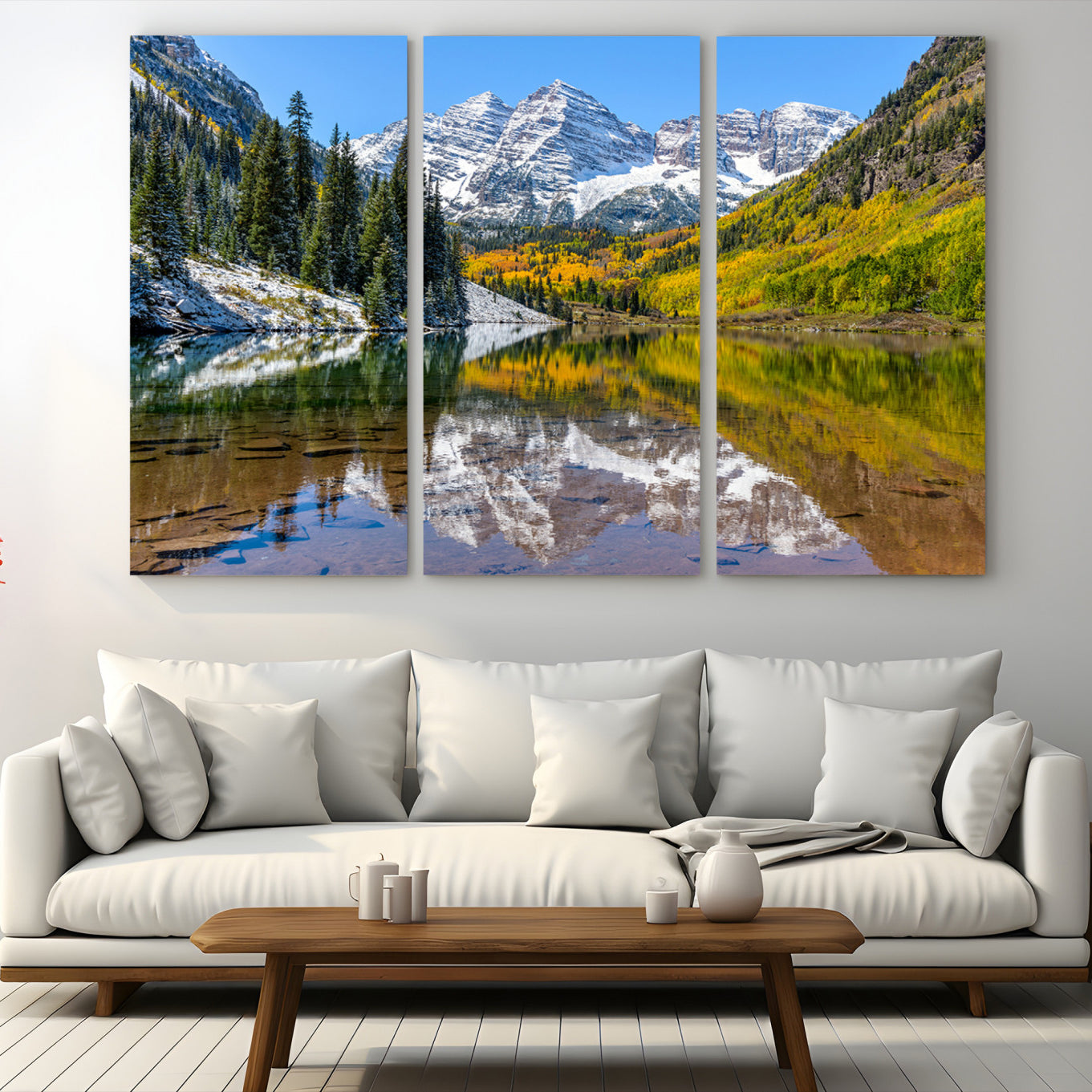 Canvas of Maroon Bells reflected in a clear alpine lake, with golden aspens and snowy peaks, ideal for crisp autumn or mountain-themed decor.