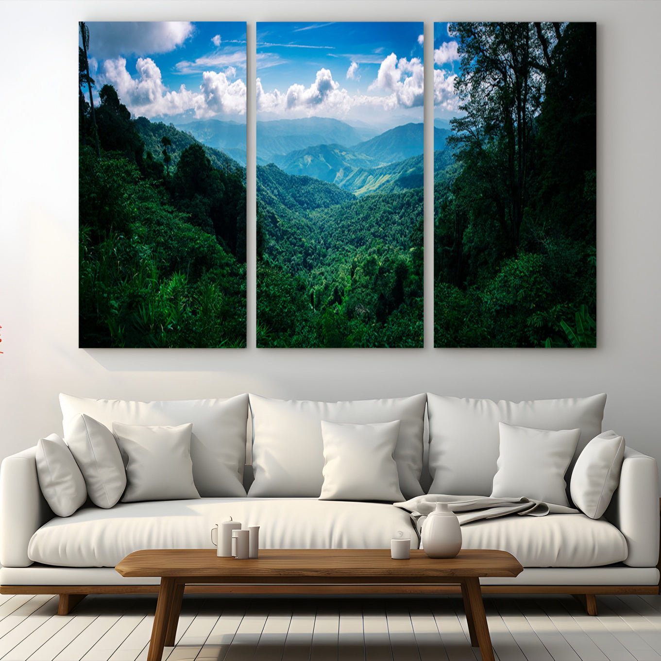 Canvas of a misty tropical jungle with vibrant greenery and layered blue mountains, ideal for exotic nature-themed wall décor.